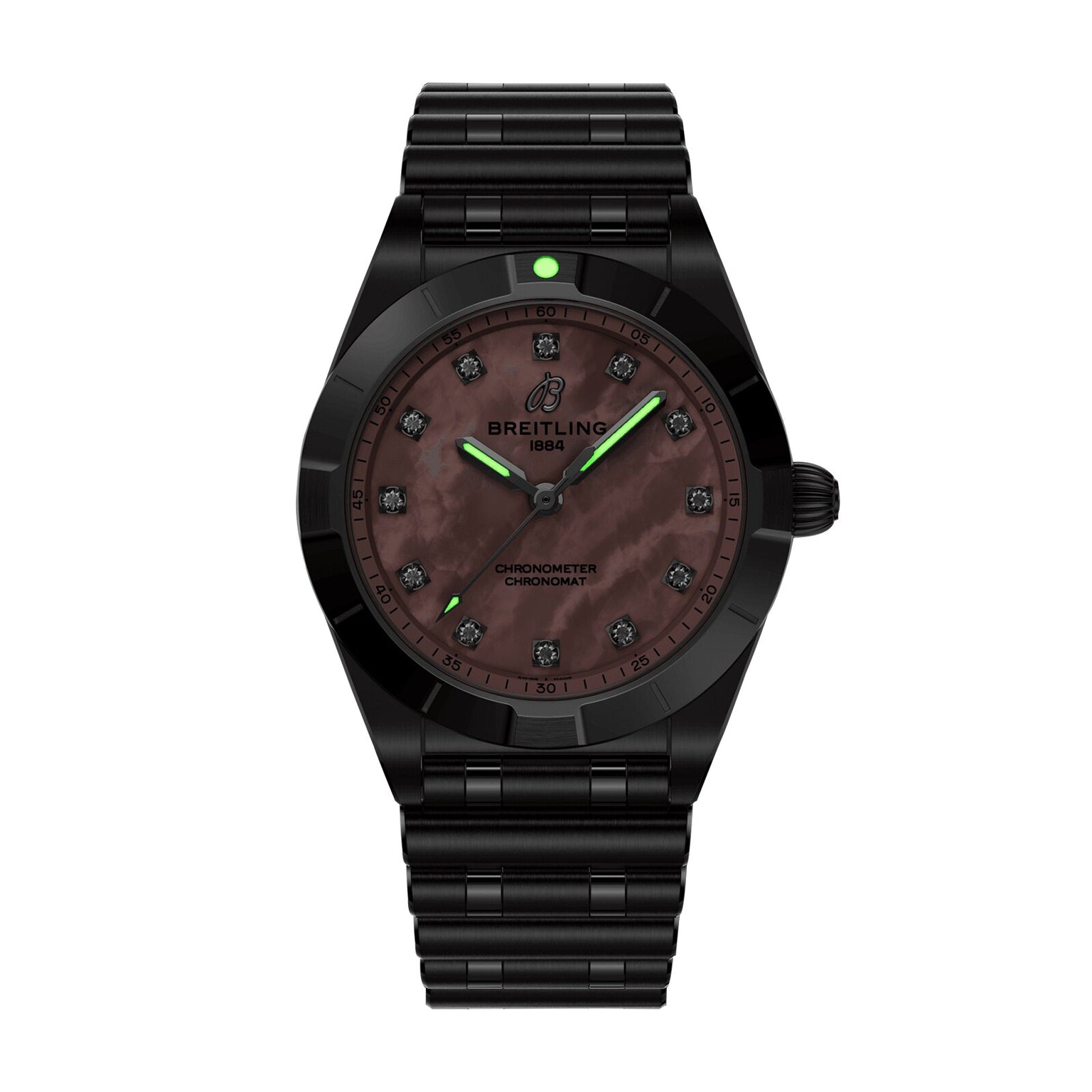 The Breitling Chronomat 28 is a black wristwatch featuring a brown mother-of-pearl dial, lab-grown diamond hour markers, green accents, and a black metal bracelet.
