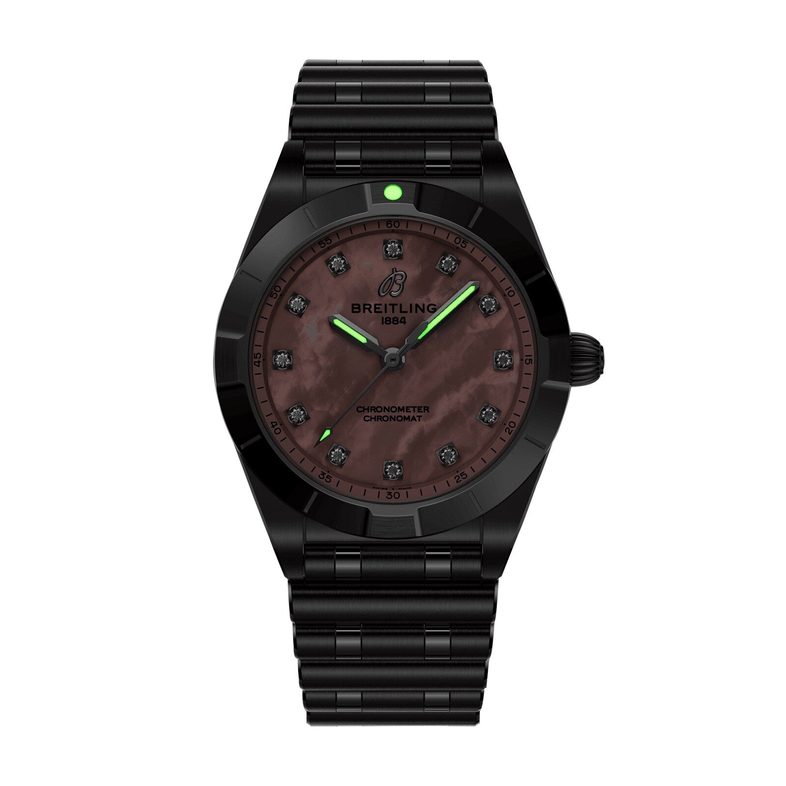 The Breitling Chronomat 28 is a black wristwatch featuring a brown mother-of-pearl dial, lab-grown diamond hour markers, green accents, and a black metal bracelet.