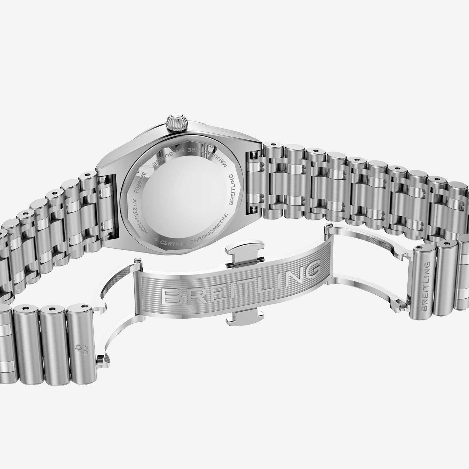 The image displays the back of a Breitling Chronomat 28 stainless steel wristwatch, featuring an open clasp with the engraved Breitling brand name on both the clasp and bracelet links.