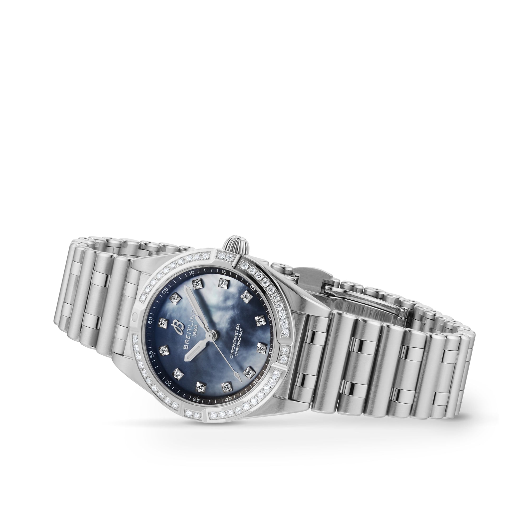 The Breitling Chronomat 28 is a stainless steel wristwatch featuring a blue mother-of-pearl dial, lab-grown diamond hour markers, and a diamond-set bezel, shown against a white background.