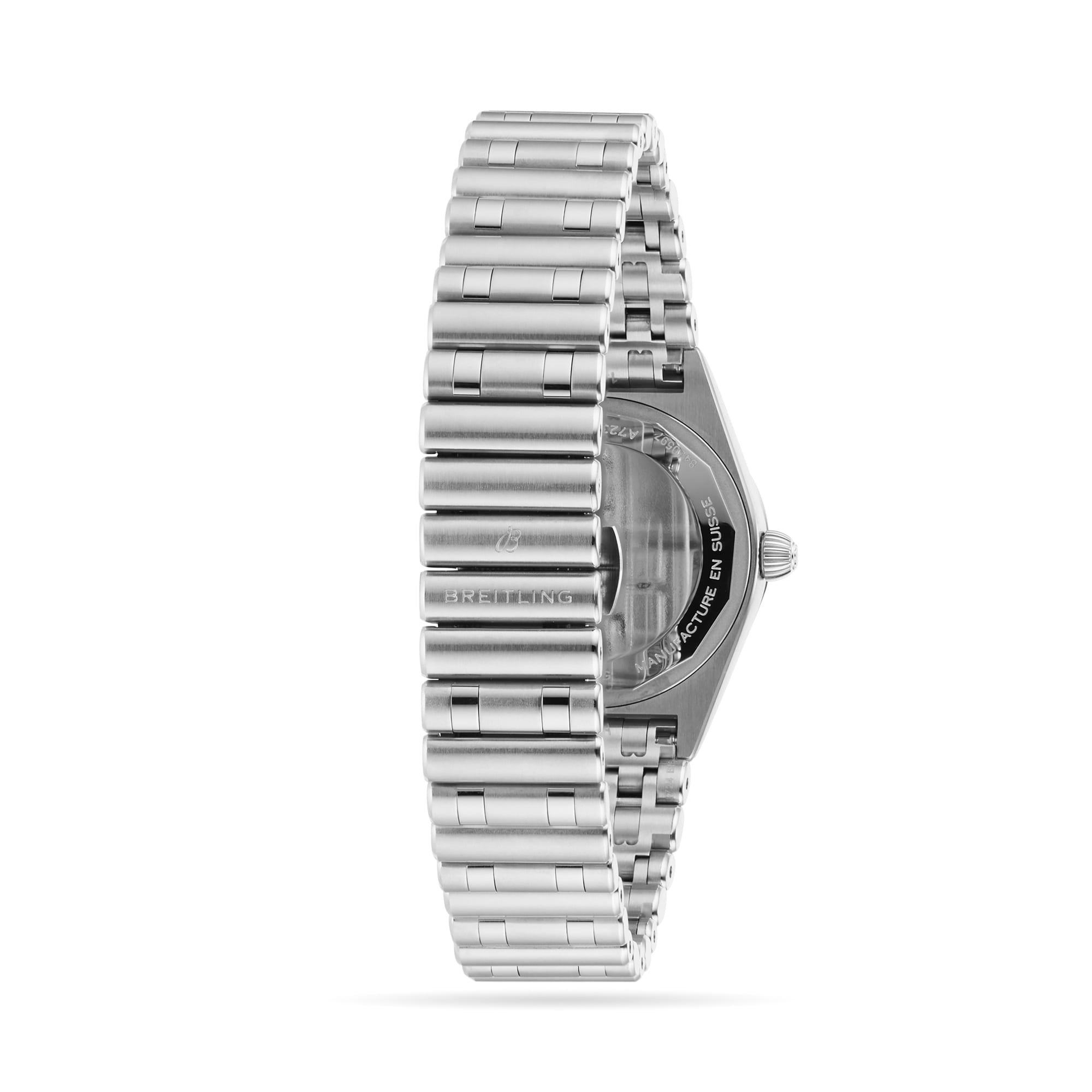 Side view of the Breitling Chronomat 28, a silver metal wristwatch with a linked bracelet and visible case back, shown upright on a plain white background. Features precision SuperQuartz™ chronometer movement for unmatched accuracy.