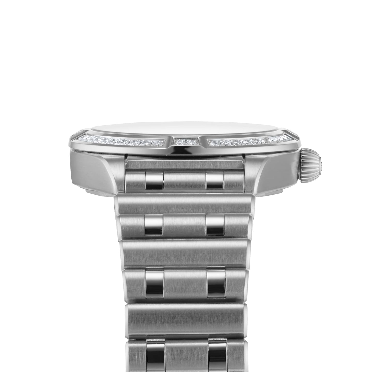 Side view of the Breitling Chronomat 28 wristwatch, featuring a silver round face, lab-grown diamond accents on the bezel, and a segmented metal bracelet band.