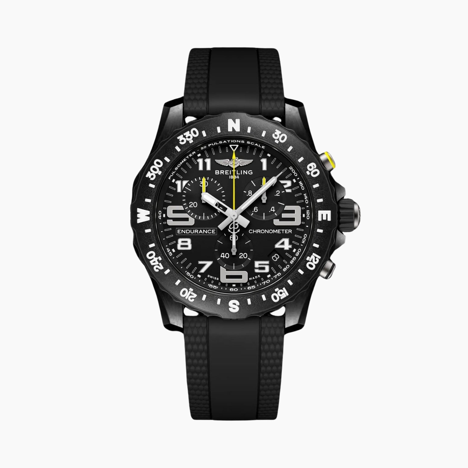 The Breitling Endurance Pro 44 is a black athleisure watch featuring a durable Breitlight® case, black rubber strap, white numerals, luminous hands, and a rotating bezel with compass markings.