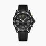 The Breitling Endurance Pro 44 is a black athleisure watch featuring a durable Breitlight® case, black rubber strap, white numerals, luminous hands, and a rotating bezel with compass markings.