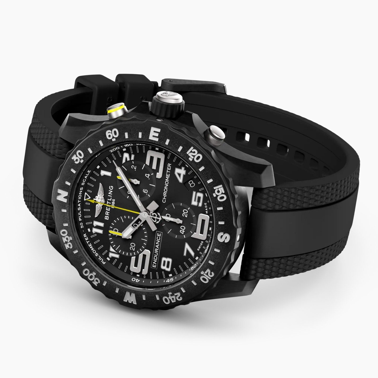 A Breitling Endurance Pro 44 chronograph wristwatch in black with a rubber strap, large numbered bezel, and multiple subdials, crafted in lightweight Breitlight®, displayed on a white background.