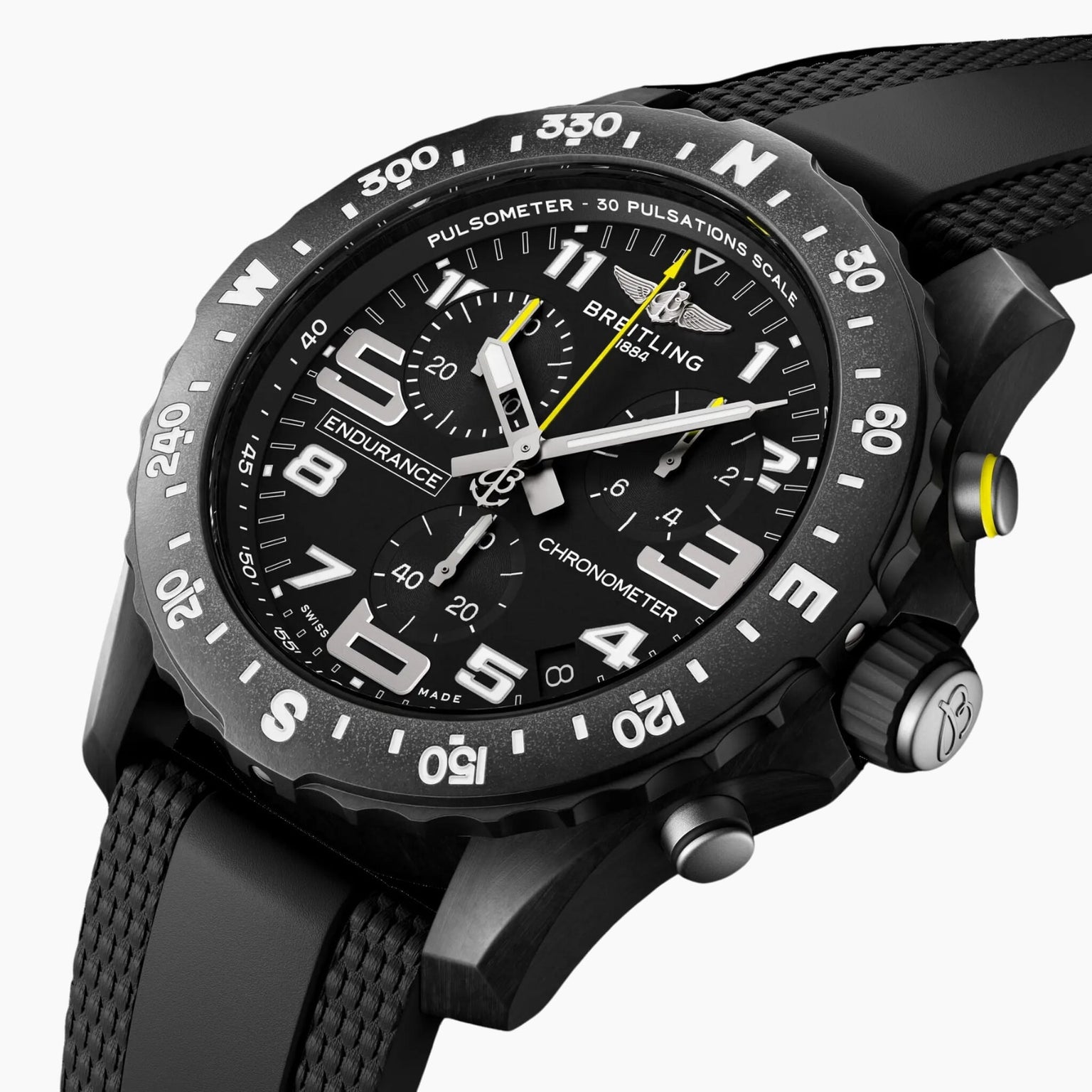 Close-up of the Breitling Endurance Pro 44, featuring a robust Breitlight® case, black dial with white numerals, yellow accents, and a black textured strap.