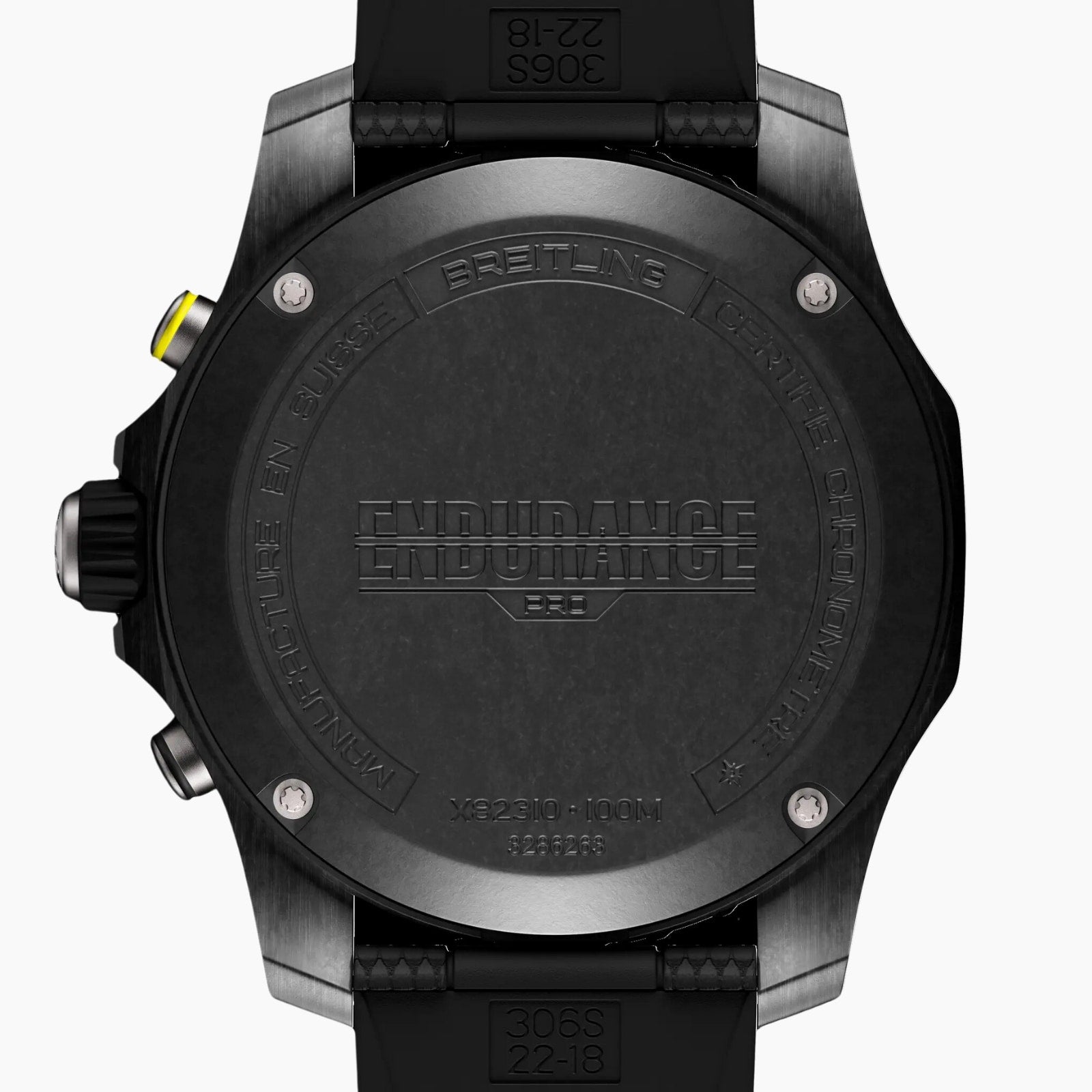 Back view of the Breitling Endurance Pro 44, showing engraved branding and model details on the black Breitlight® case, with visible screws and part of the black wrist strap.