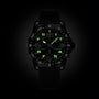 The black Breitling Endurance Pro 44 athleisure watch features ultra-lightweight Breitlight® construction and luminous green hands, markers, and numerals that stand out brilliantly in the dark.