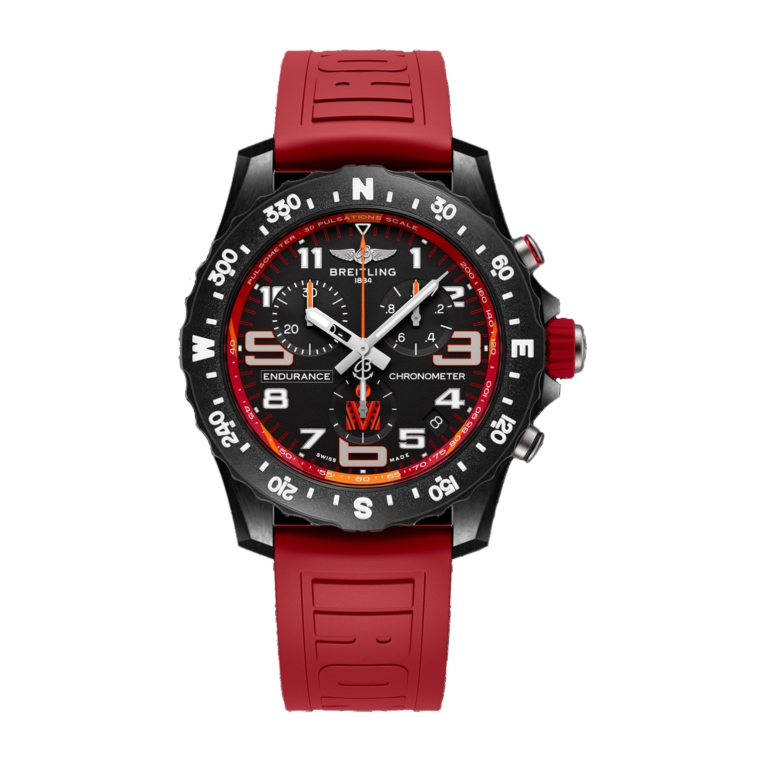 The Breitling Endurance Pro 44 IRONMAN® 70.3 World Championship 2024 is a black chronograph watch with Caliber 82, red rubber strap, white hour markers, and a compass bezel, displayed against a white background.