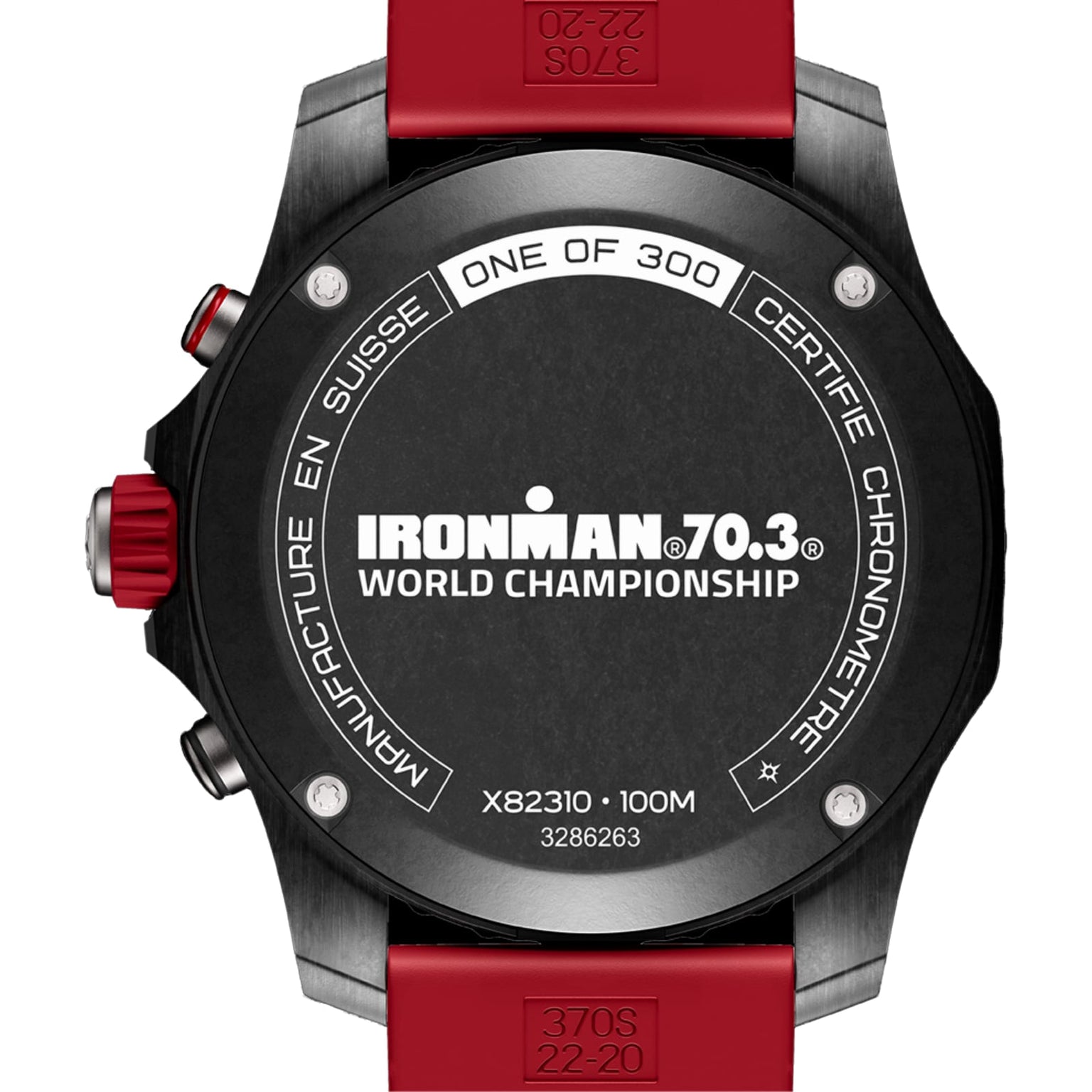 The back of the Breitling Endurance Pro 44 IRONMAN® 70.3 World Championship 2024 watch with a red strap features special markings and text, signifying it as one of only 300 limited editions powered by Caliber 82.