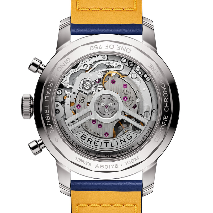 Close-up of the Breitling Top Time B01 Gino Bartali’s caseback, highlighting its exposed mechanical movement, engraved details, and vibrant yellow leather strap.
