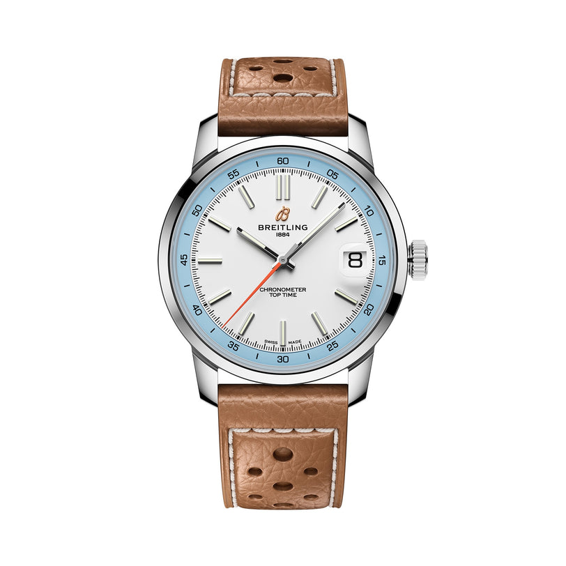 The Breitling Top Time B31 is a retro-inspired wristwatch with a white dial, brown leather strap, silver bezel, date window at 3 o’clock, and signature Breitling branding on the face.