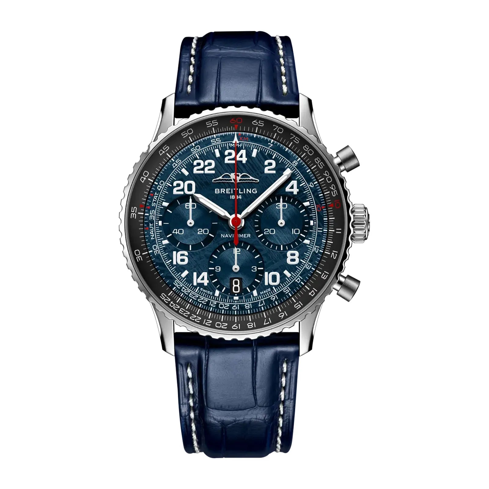 Breitling Navitimer chronograph watch with dark blue dial, 24-hour markers, steel case, and navy crocodile leather strap.