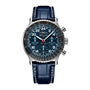 Breitling Navitimer chronograph watch with dark blue dial, 24-hour markers, steel case, and navy crocodile leather strap.