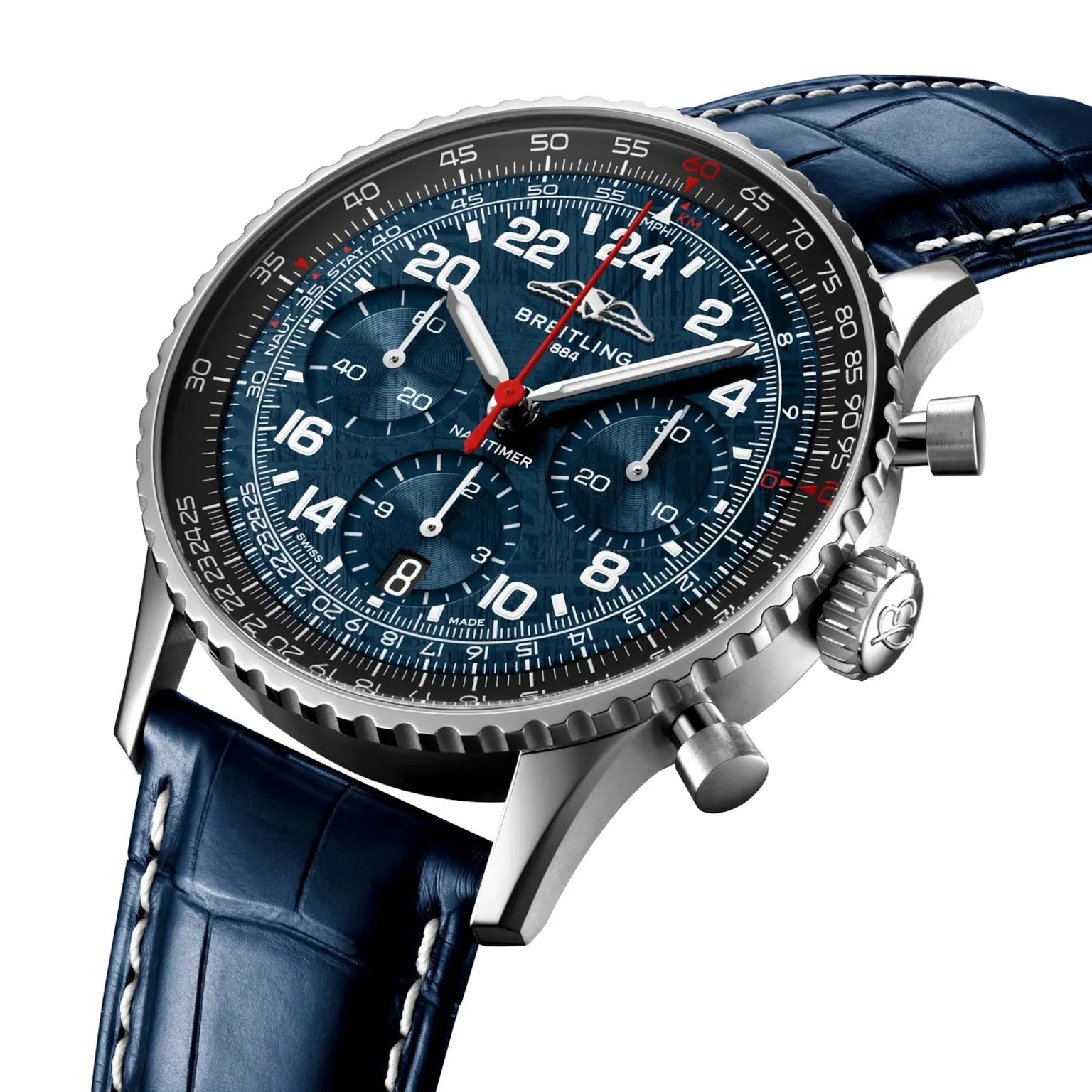 Stainless steel chronograph watch with dark blue dial, tachymeter bezel, red hands, and blue leather strap.