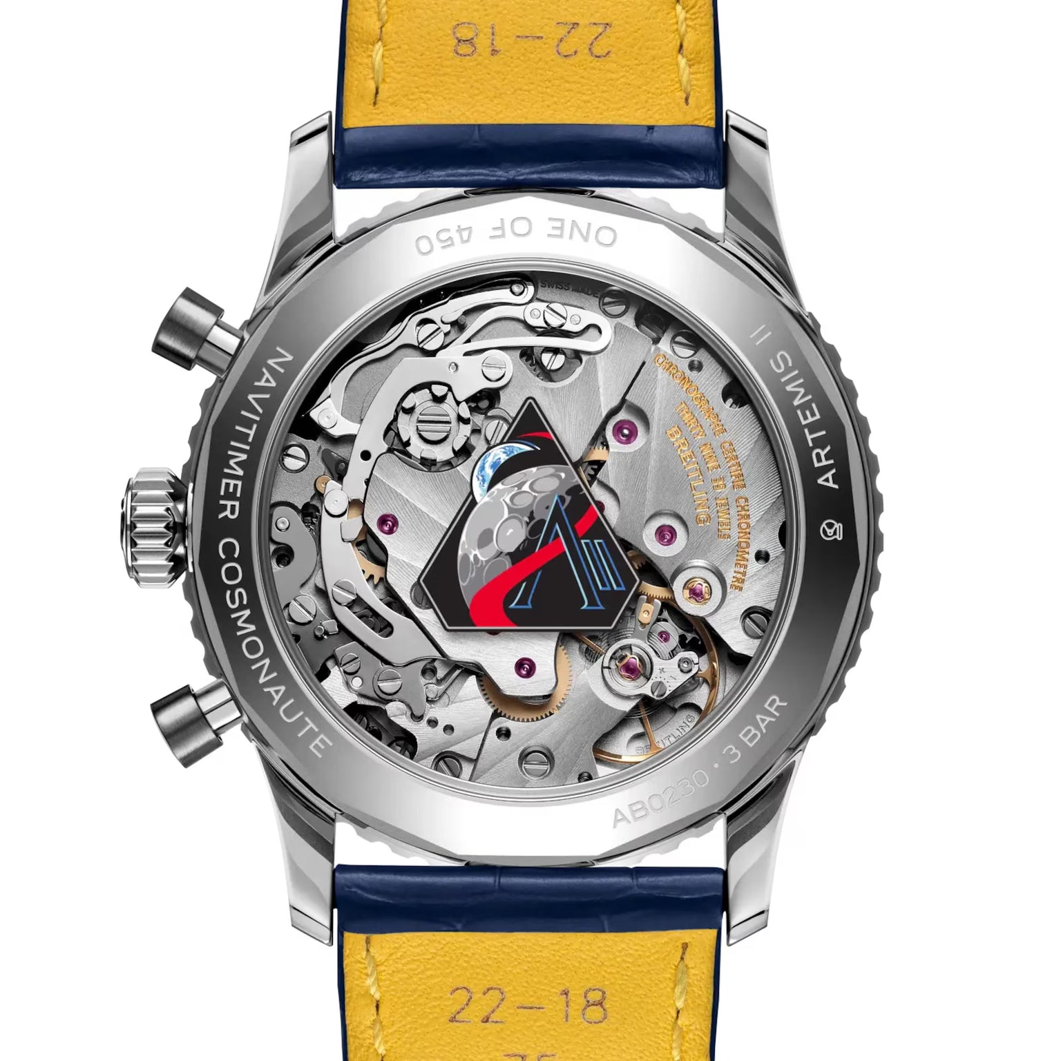 Stainless steel chronograph watch with skeletonized dial, visible mechanical movement, red hands, and yellow and navy leather