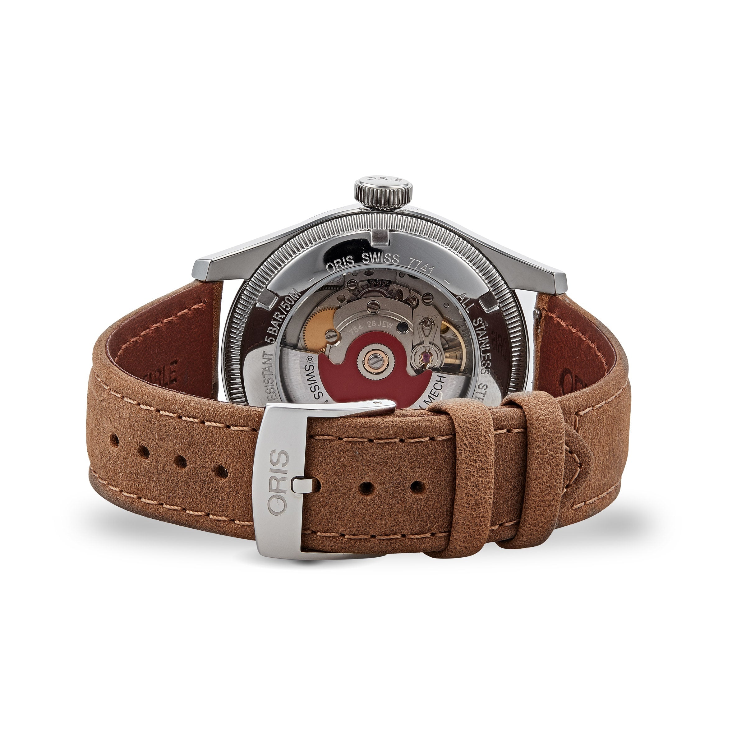 A close-up rear view of the Oris Big Crown Pointer Date wristwatch features sapphire glass, an exhibition caseback displaying its mechanical movement, and a brown leather strap.