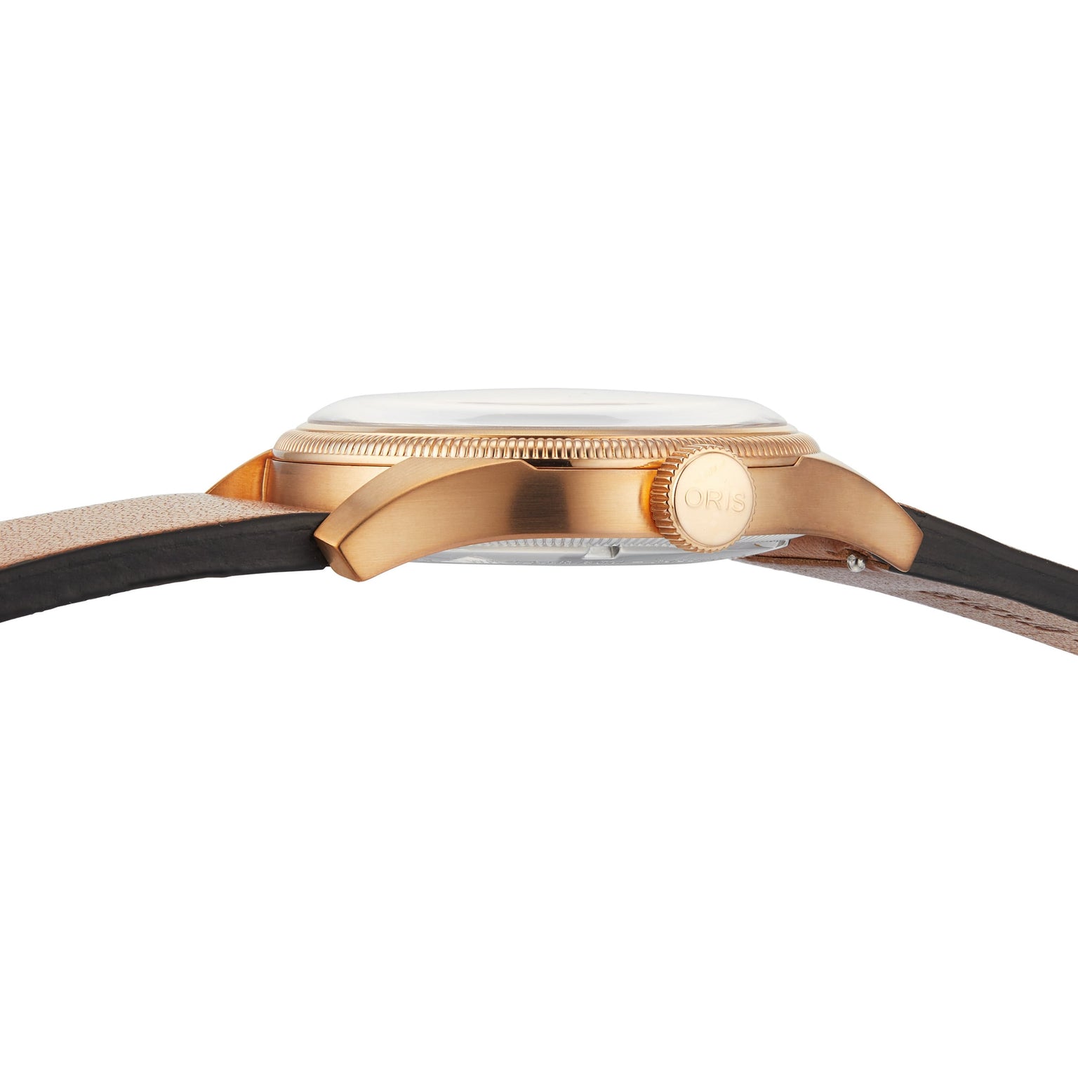 Side view of the Oris Big Crown Pointer Date 80th Anniversary Edition, bronze with a green dial, domed crystal, visible Oris crown, and brown leather strap.
