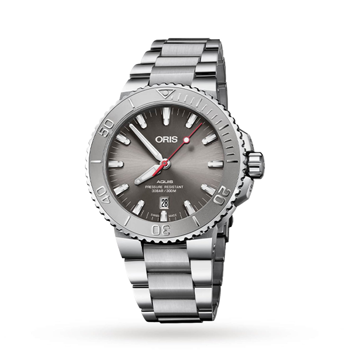 The Oris Aquis Date Relief features a grey dial, stainless steel band, and a date display at 6 o’clock.