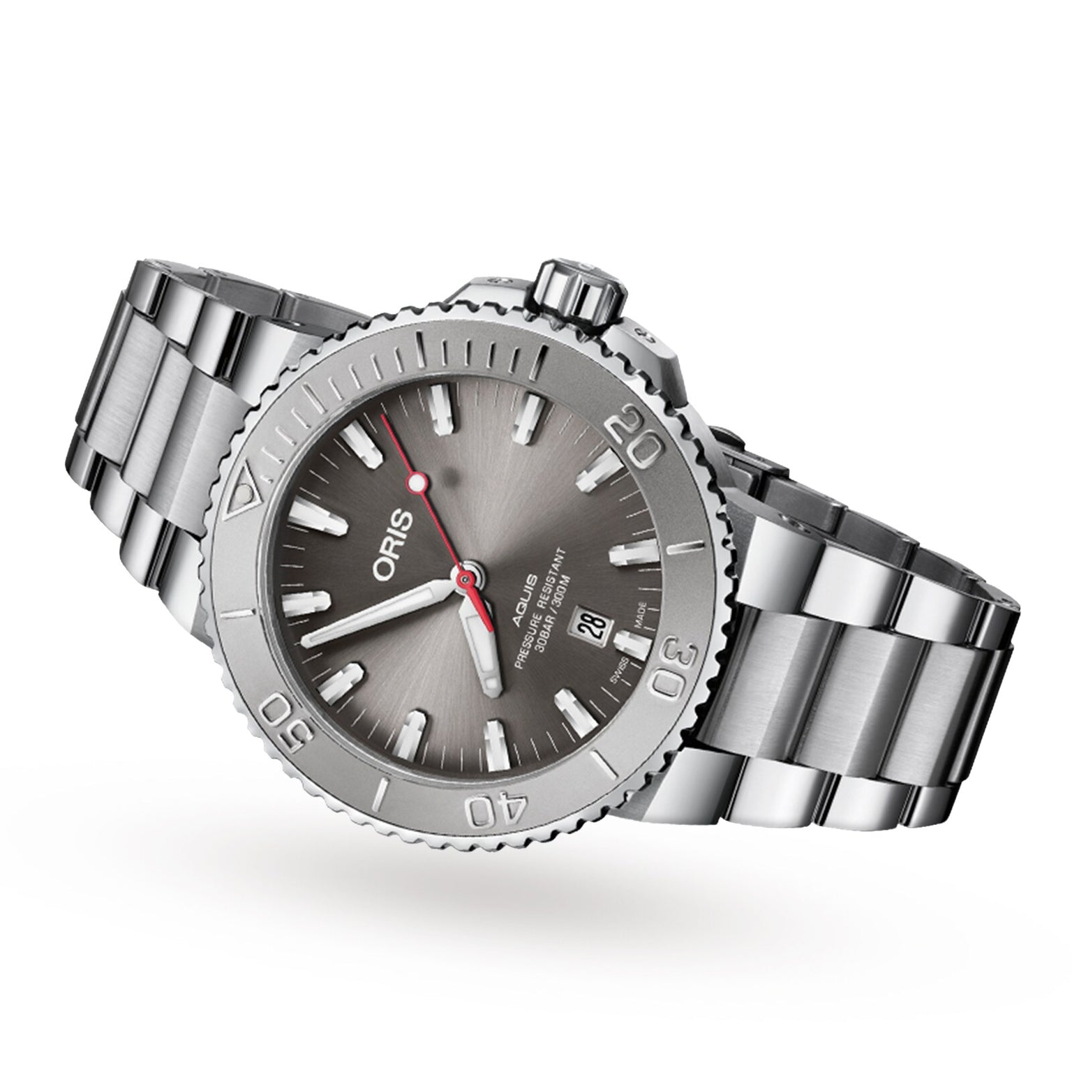 The Oris Aquis Date Relief is a silver wristwatch with a metal band, grey dial, and date display at 6 o’clock.