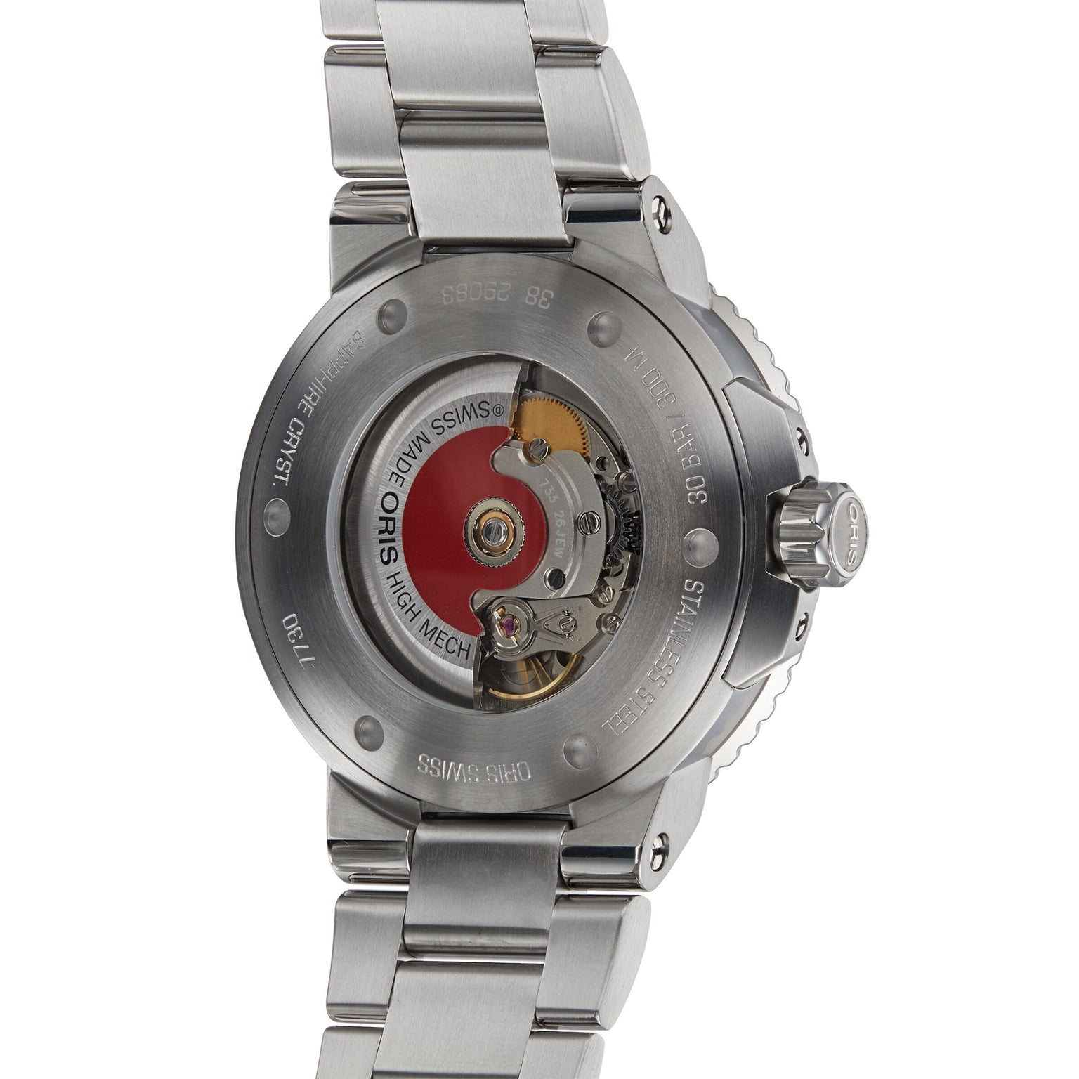 Close-up of the back of the Oris Aquis Date Relief wristwatch, highlighting its exposed mechanical movement and stainless steel design.