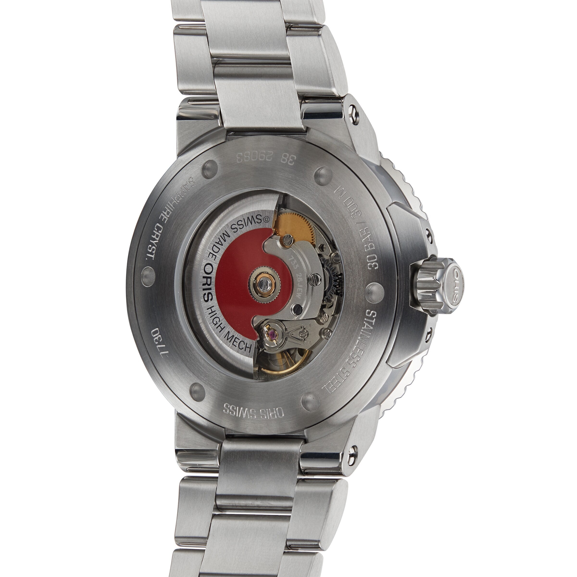 Close-up of the back of the Oris Aquis Date Relief wristwatch, highlighting its exposed mechanical movement and stainless steel design.