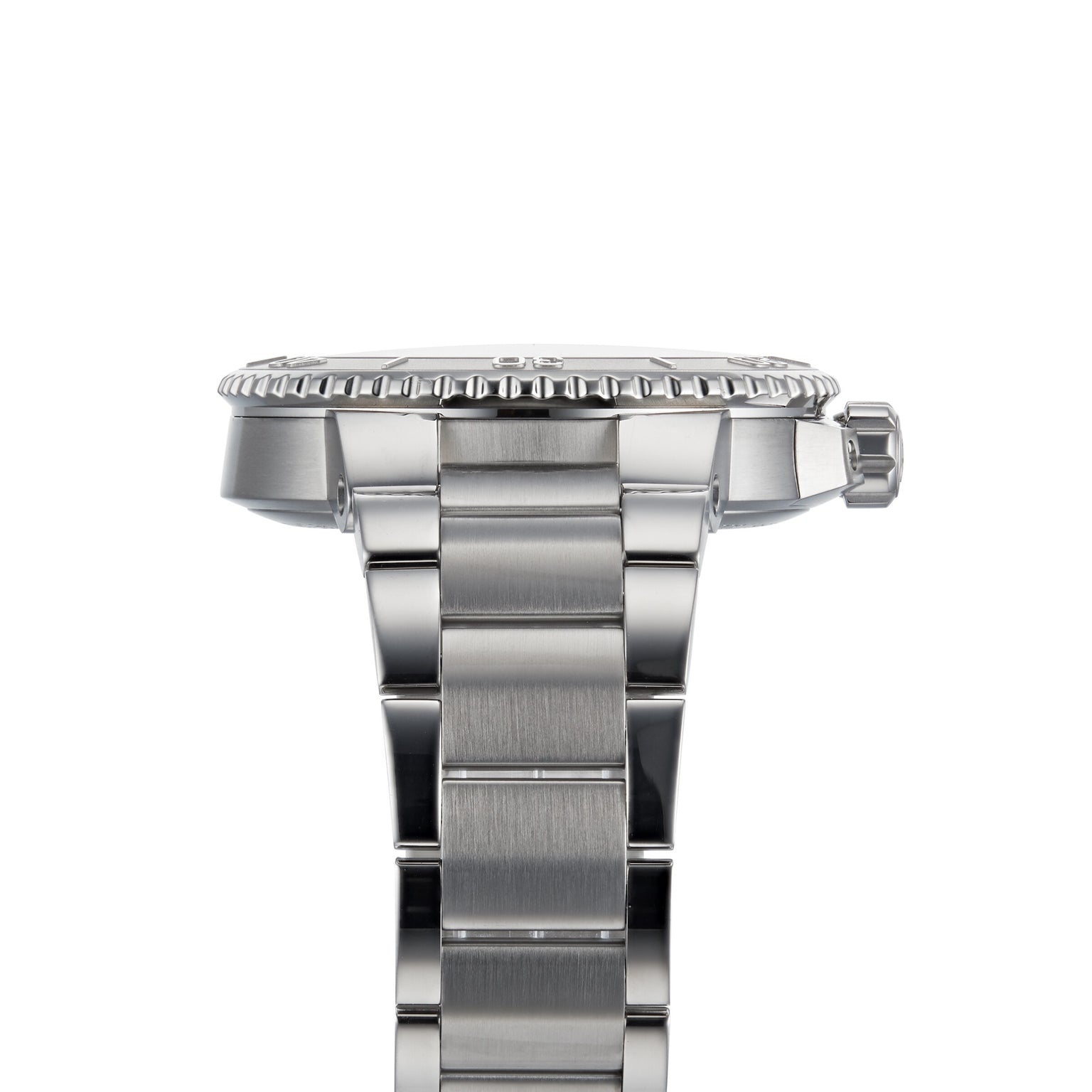 Side view of the Oris Aquis Date Relief wristwatch in silver metal, featuring a ridged bezel and link bracelet against a white background.