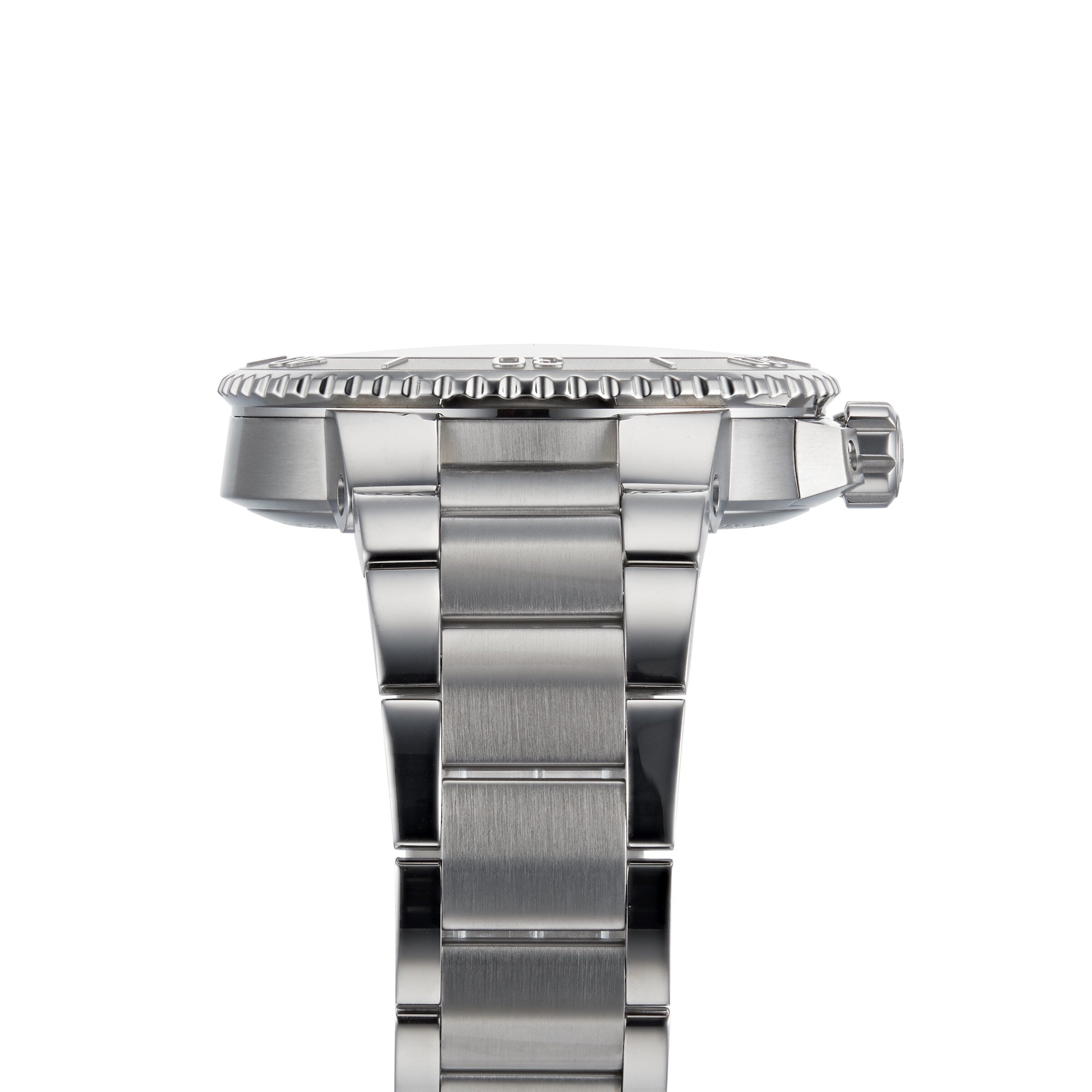 Side view of the Oris Aquis Date Relief wristwatch in silver metal, featuring a ridged bezel and link bracelet against a white background.