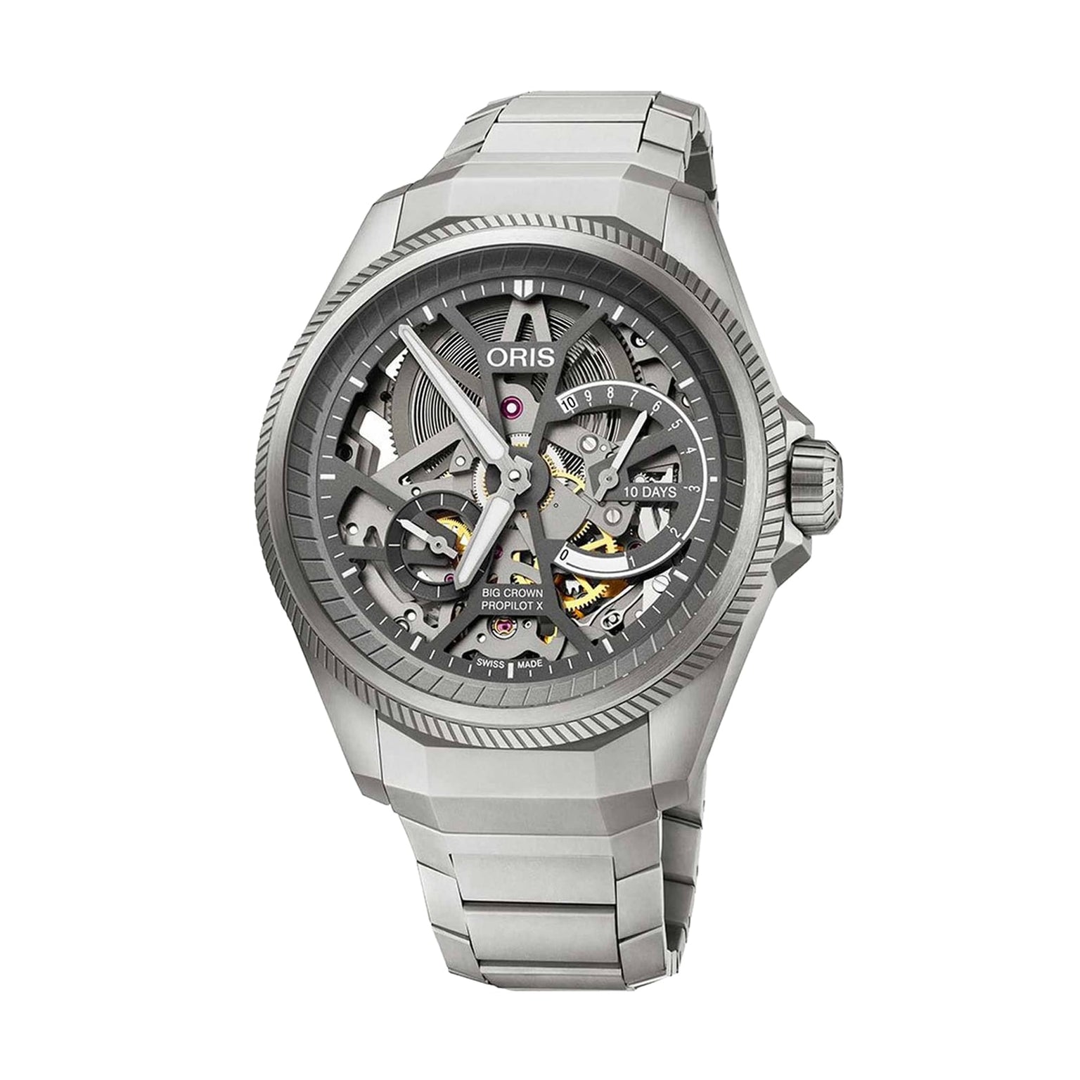 The Oris ProPilot X Calibre 115 is a Swiss Made mechanical watch featuring the visible Calibre 115 movement, stainless steel band, and round case.