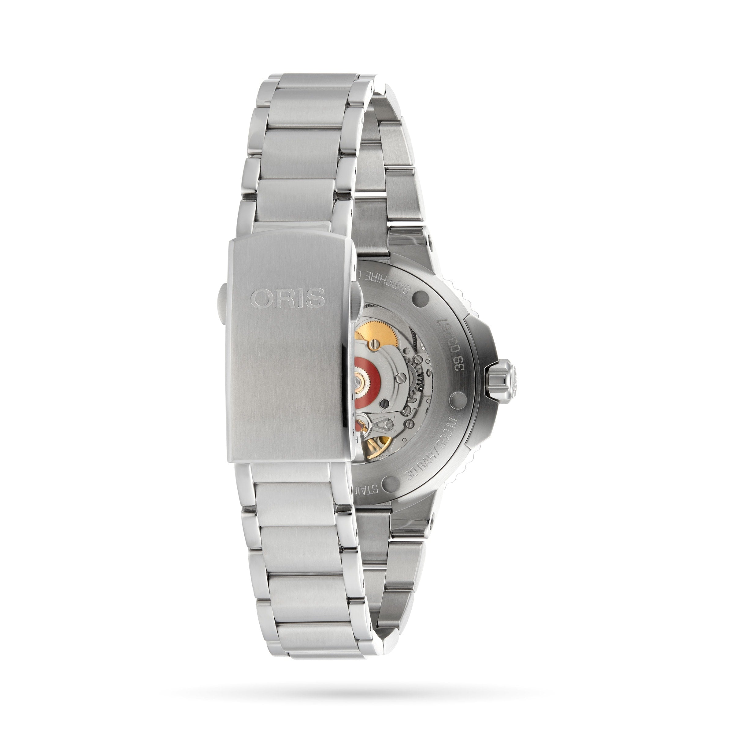 Back view of the Oris Aquis Date Relief stainless steel wristwatch, featuring the Oris logo on the clasp and showcasing its mechanical movement through the transparent case back.