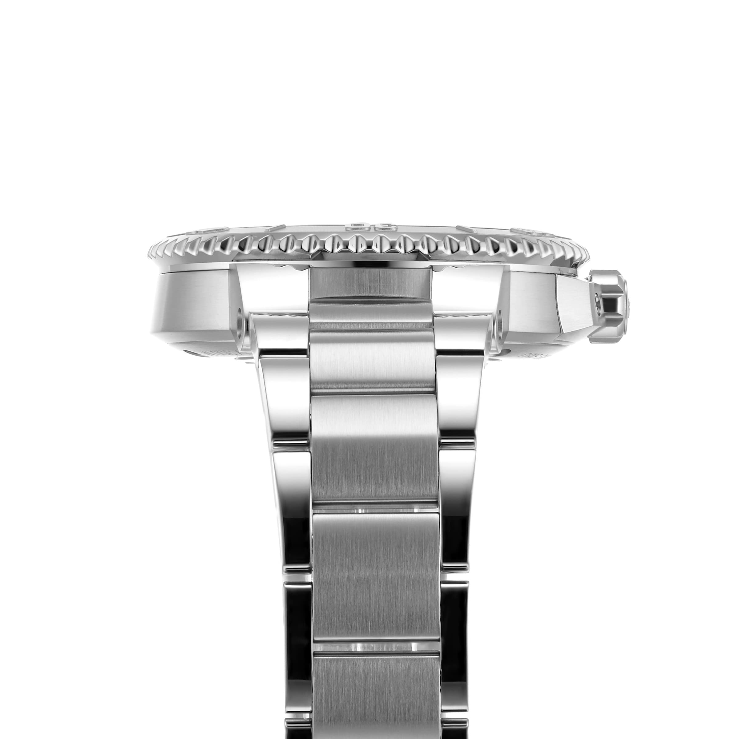 Side view of the Oris Aquis Date Relief wristwatch in silver metal, featuring a ridged bezel and polished bracelet, displayed against a white background.