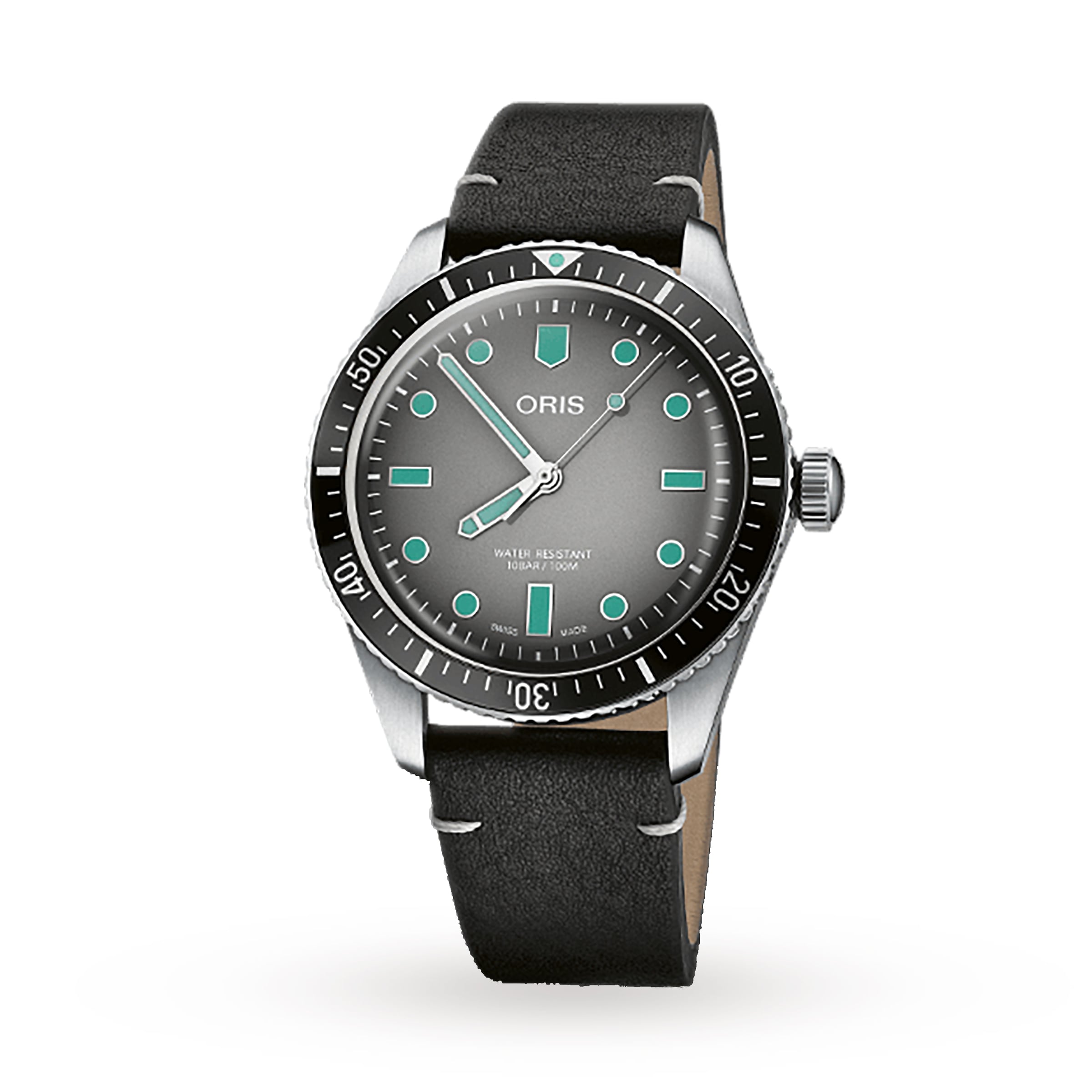 The Oris Divers Sixty-Five is a silver wristwatch featuring a black leather strap and teal markers on a gray dial.
