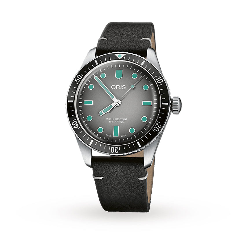The Oris Divers Sixty-Five is a silver wristwatch featuring a black leather strap and teal markers on a gray dial.