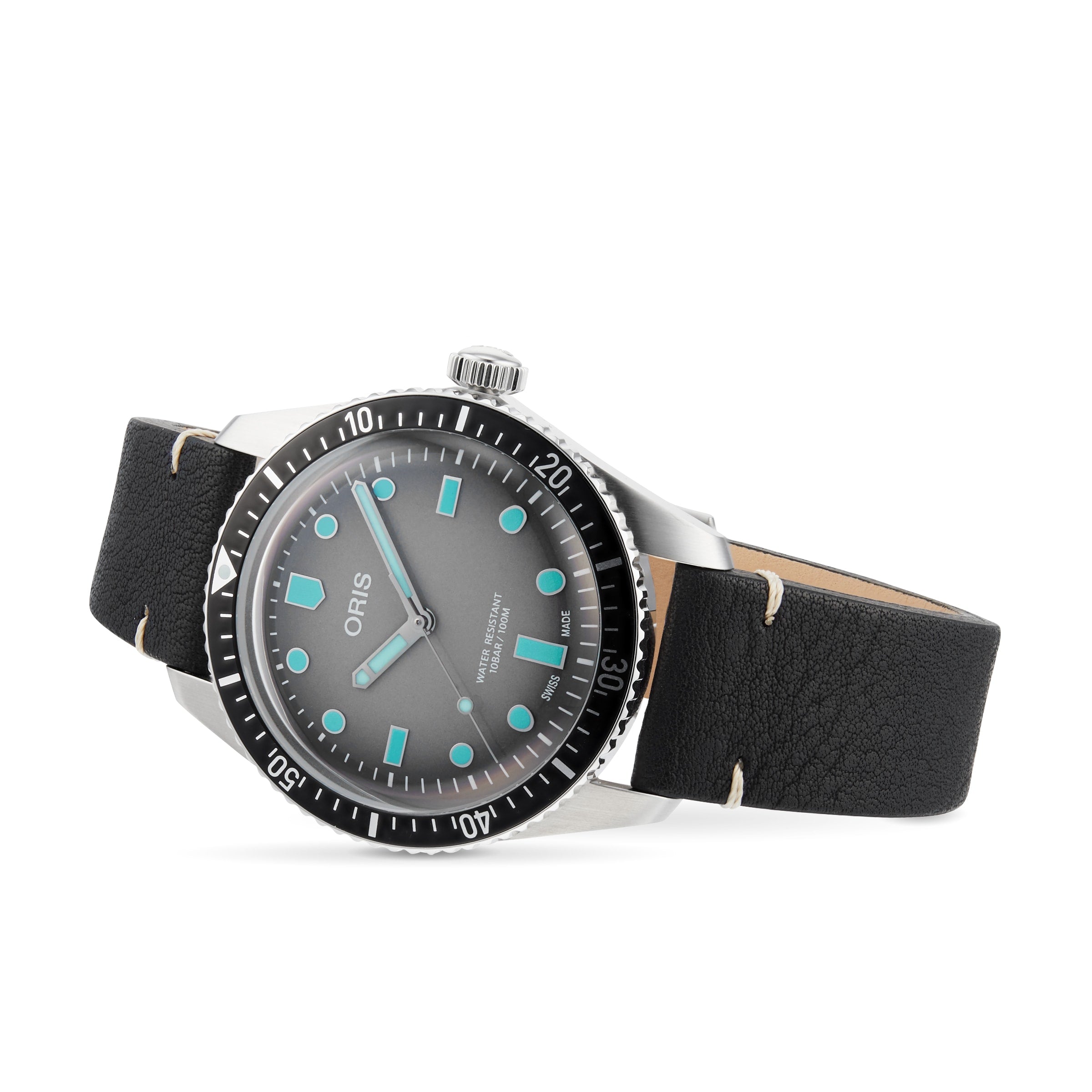 The Oris Divers Sixty-Five features a black leather strap, silver case, and blue-accented markers on a gray dial.