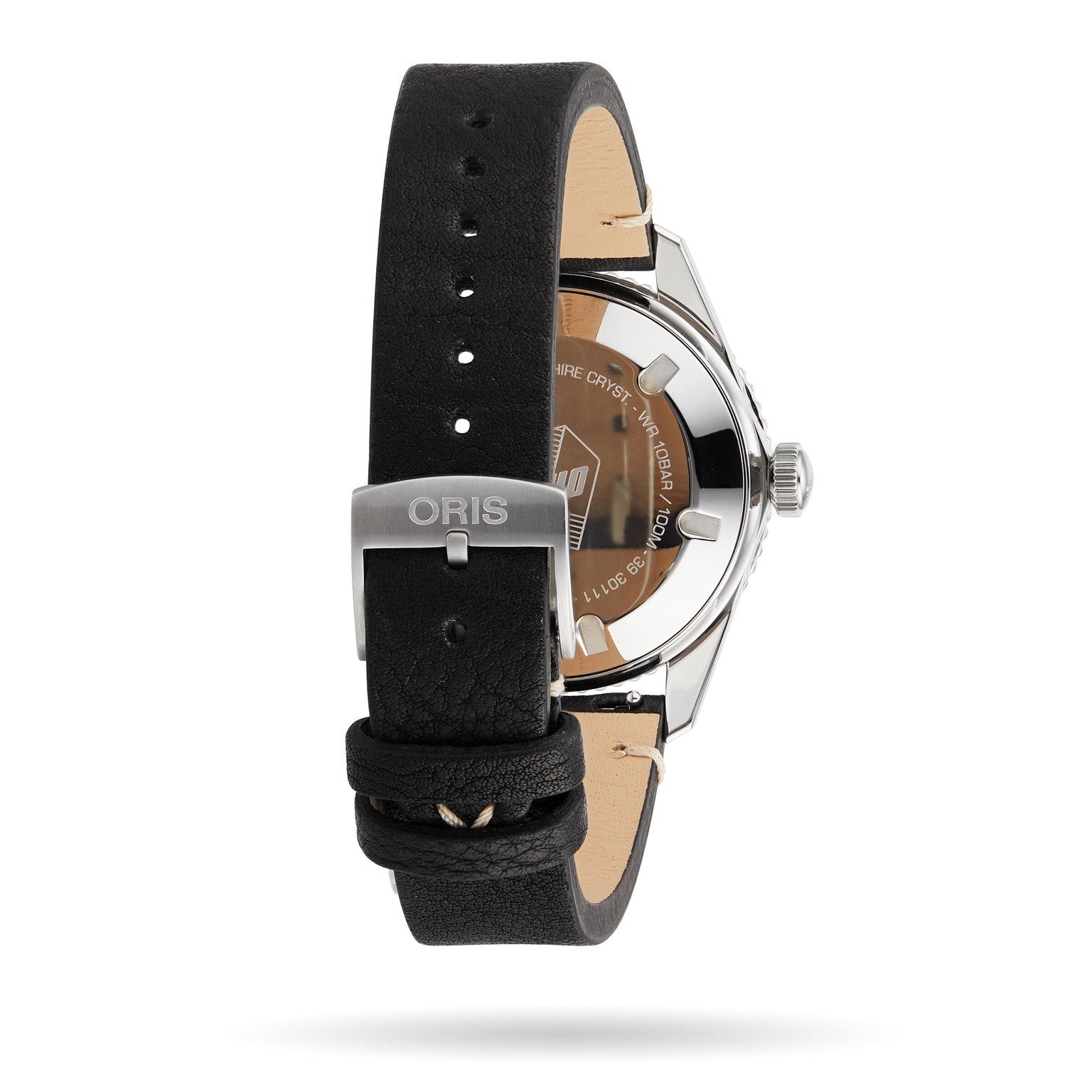 Back view of the Oris Divers Sixty‑Five wristwatch featuring a black leather strap and a silver buckle engraved with ORIS.