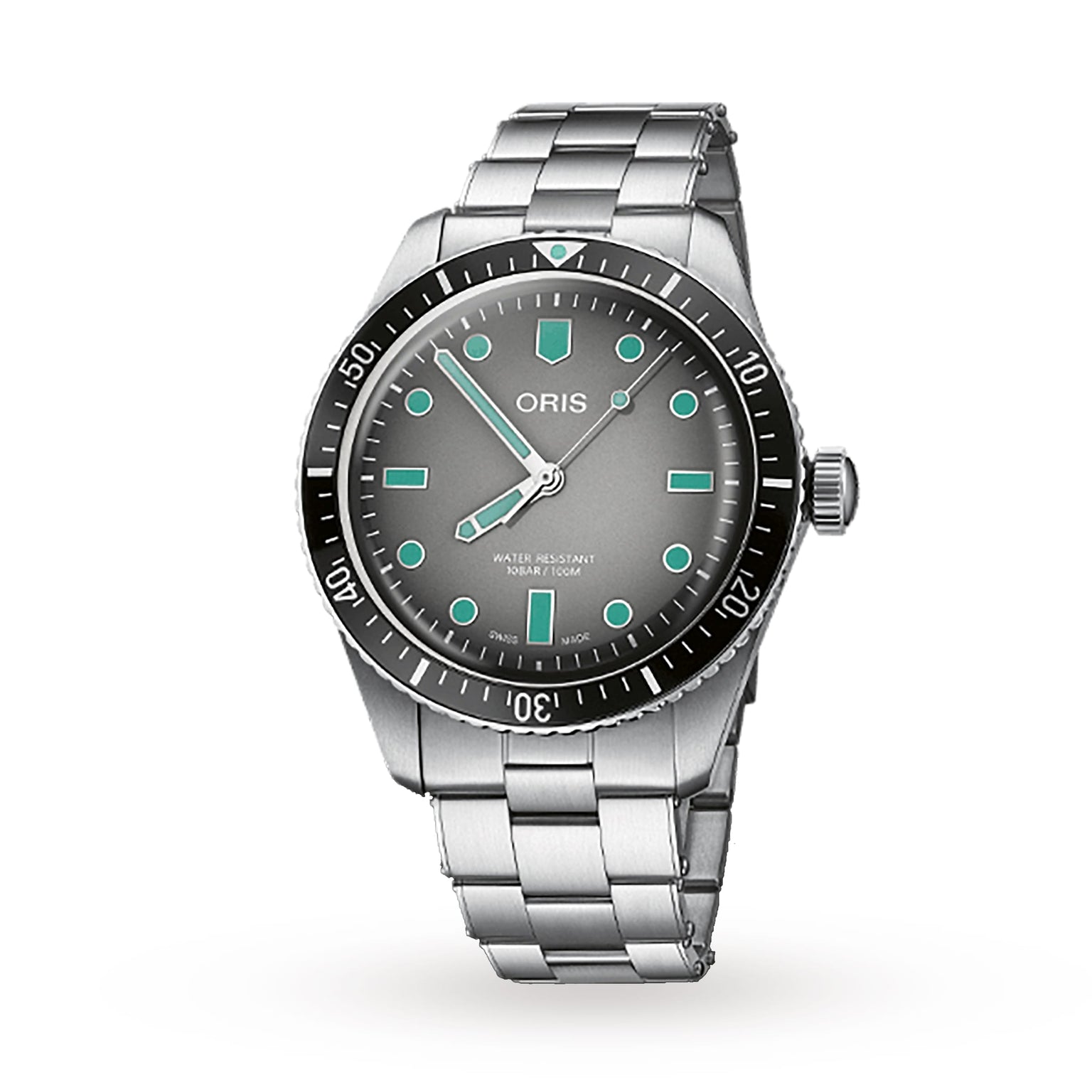 The Oris Divers Sixty‑Five features a silver case, gray dial, metal band, and turquoise hour markers, photographed on a white background.