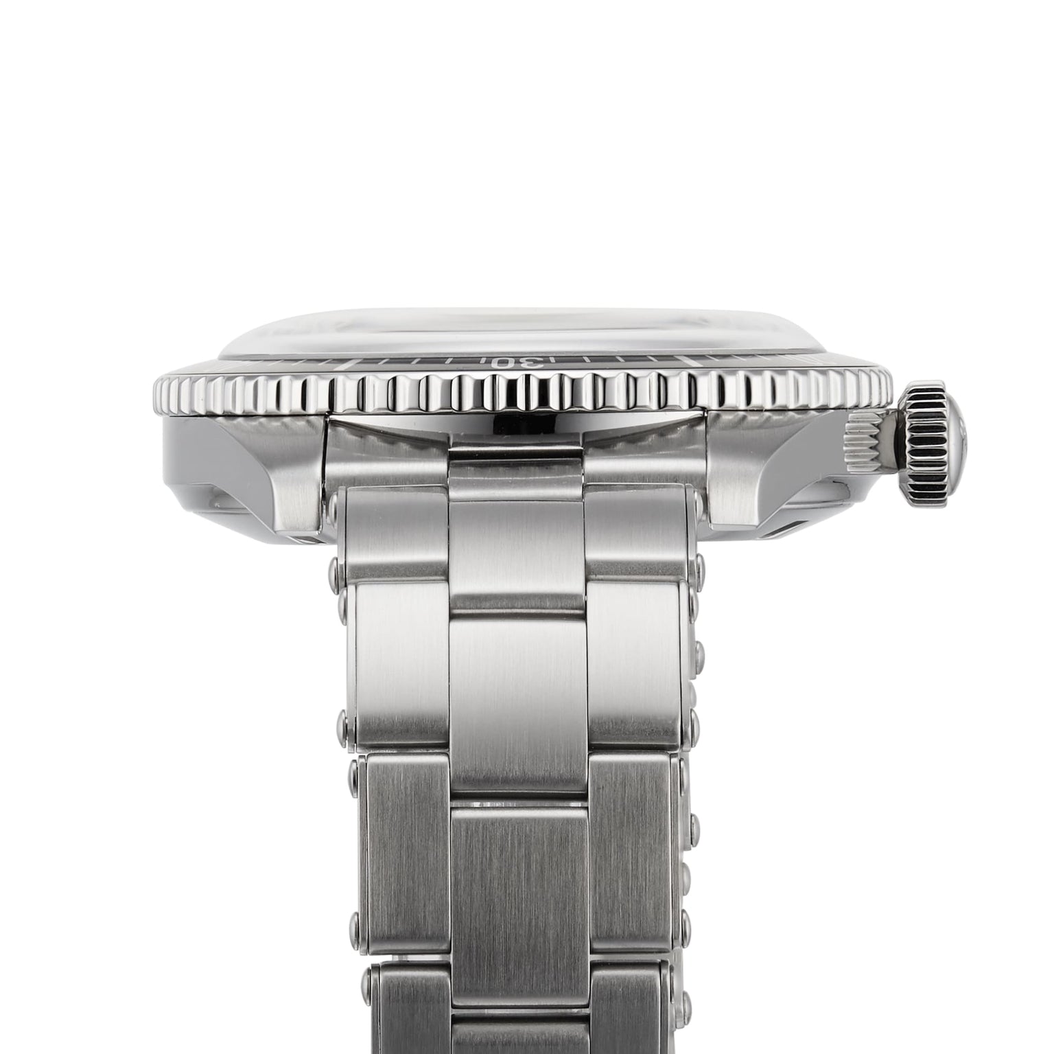 Close-up side view of the Oris Divers Sixty-Five, a stainless steel wristwatch featuring a metal band and a ridged bezel.