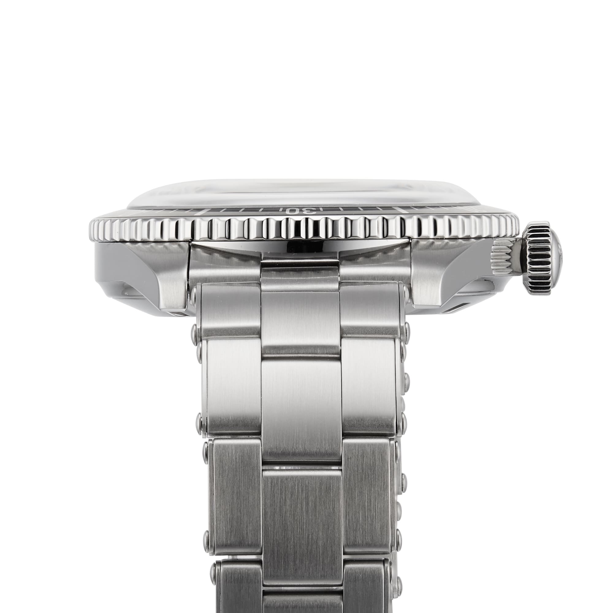 Close-up side view of the Oris Divers Sixty-Five, a stainless steel wristwatch featuring a metal band and a ridged bezel.