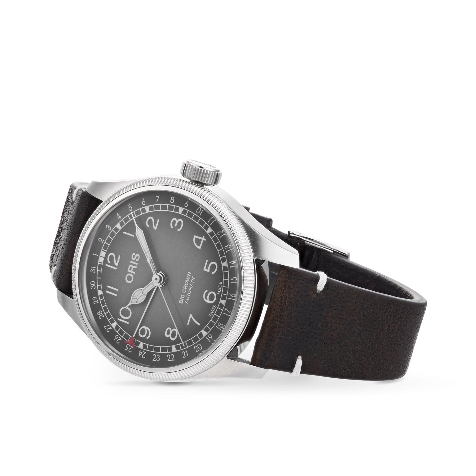 The Oris Big Crown Oris X Cervo Volante wristwatch boasts a sleek silver case, black leather strap, grey dial, white numerals, and a red-tipped date hand—perfect for professionals who appreciate style and precision.