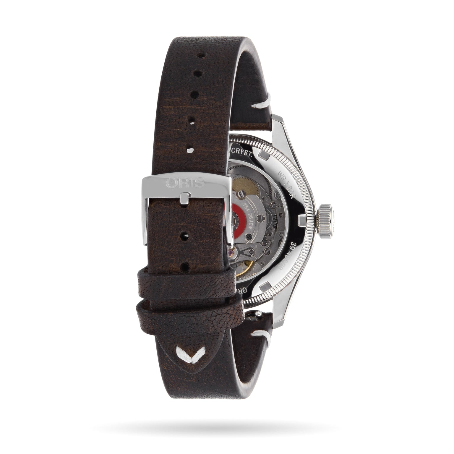 The Oris Big Crown Oris X Cervo Volante wristwatch features a brown leather strap and an exhibition caseback showcasing its mechanical movement.