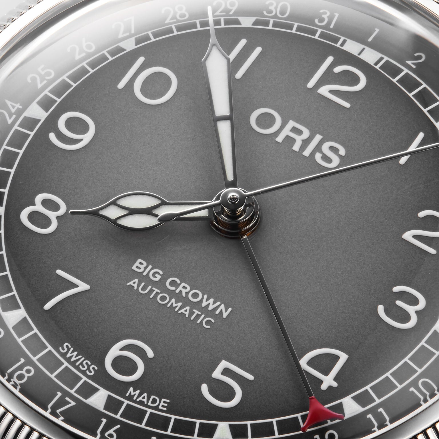 Close-up of the stunning Oris Big Crown Oris X Cervo Volante, displaying 10:08:19, with bold numerals, minute markers, and SWISS MADE at the bottom—a top choice for professional pilots.