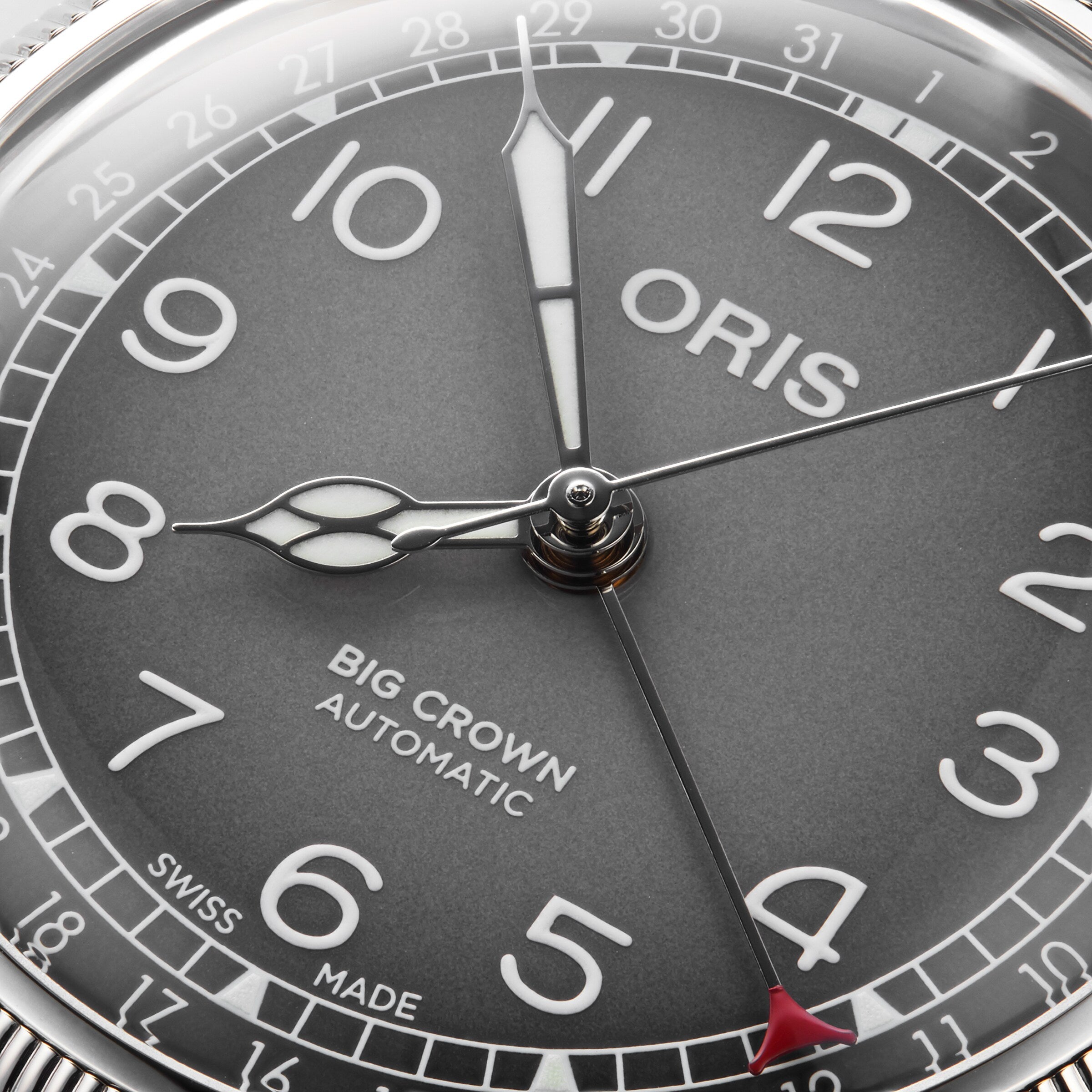 Close-up of the stunning Oris Big Crown Oris X Cervo Volante, displaying 10:08:19, with bold numerals, minute markers, and SWISS MADE at the bottom—a top choice for professional pilots.