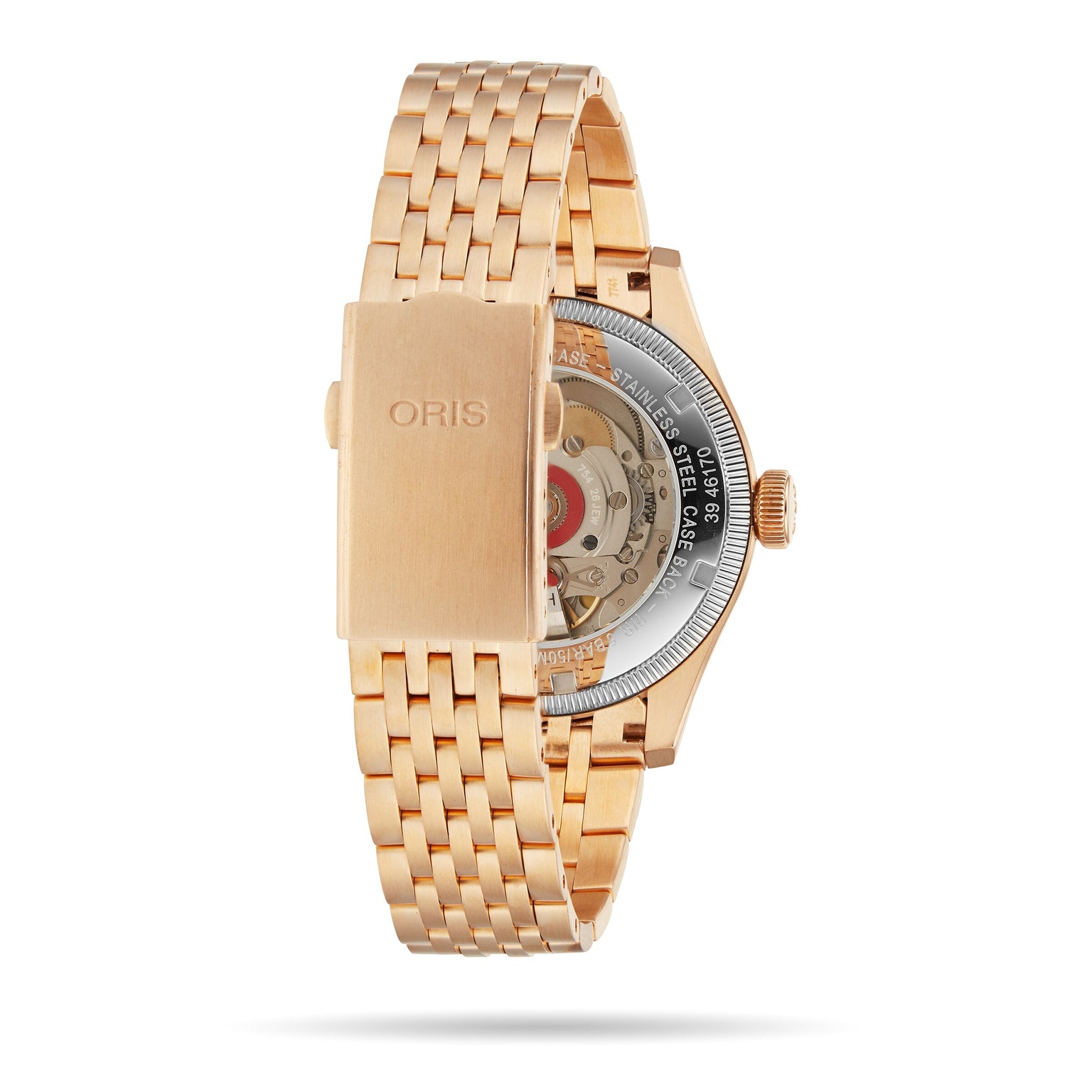 Oris Big Crown Bronze Pointer Date watch featuring an exposed mechanical movement and a bronze bracelet, shown from the back.