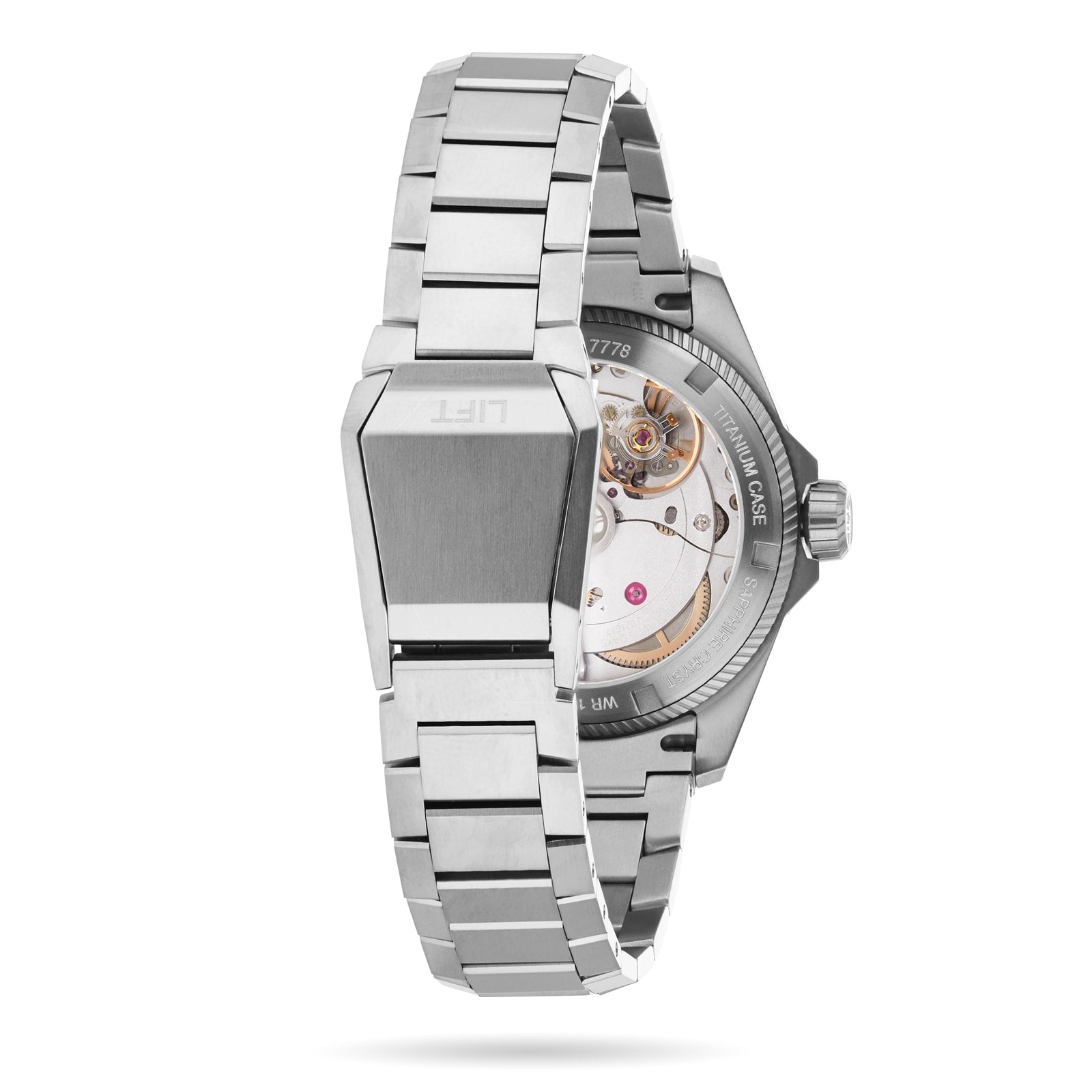 The Oris ProPilot X Calibre 400, inspired by aviation heritage, features a stainless steel bracelet and a visible automatic movement through its transparent case back, shown here with clasp open and bracelet extended.