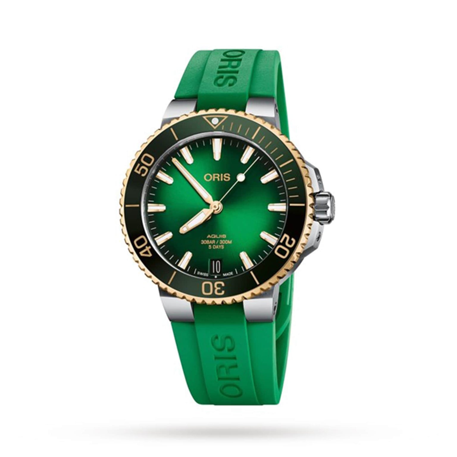 The Oris Aquis Date Calibre 400 is a green wristwatch with a round face, gold bezel, and green rubber strap, featuring Calibre 400 automatic mechanical movement and displaying the time at 10:10.