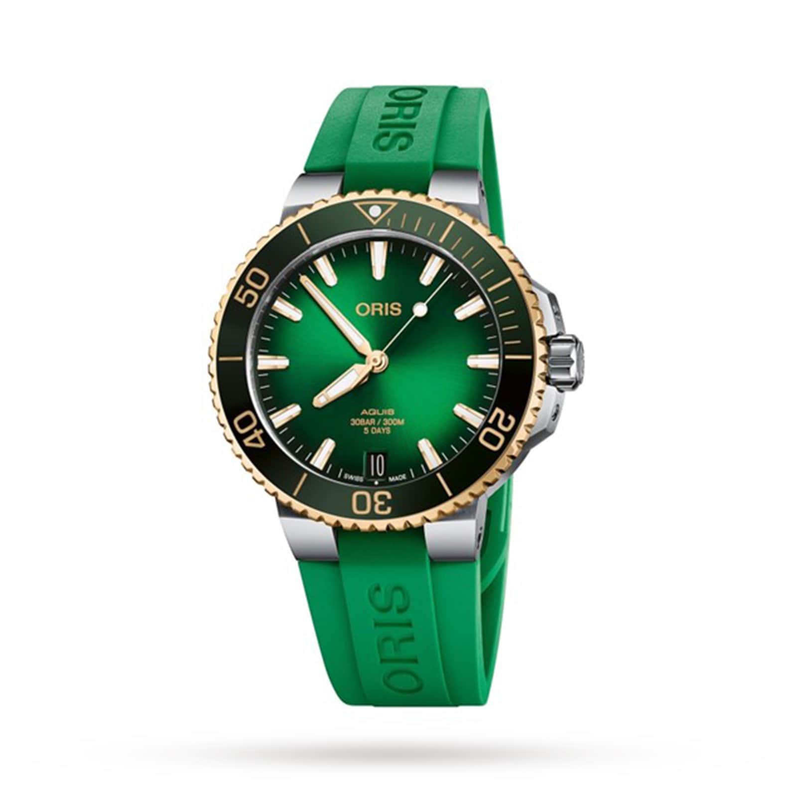 The Oris Aquis Date Calibre 400 is a green wristwatch with a round face, gold bezel, and green rubber strap, featuring Calibre 400 automatic mechanical movement and displaying the time at 10:10.
