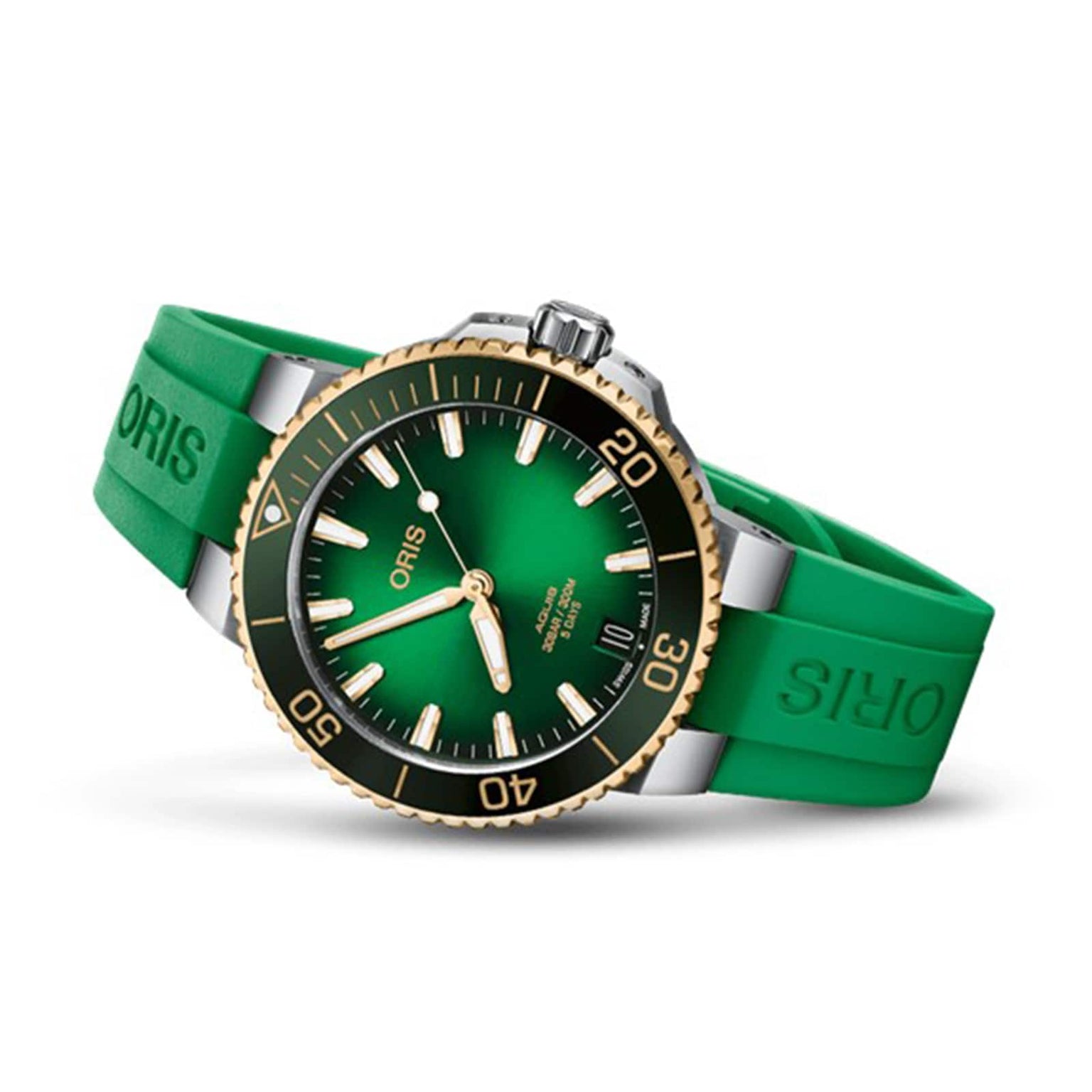 The Oris Aquis Date Calibre 400 dive watch features a green dial, matching rubber strap, gold-toned bezel, and white markers—highlighting Oris’s automatic mechanical craftsmanship. Shown at an angle on a white background.