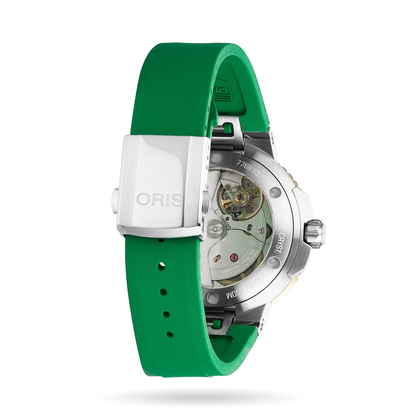 Back view of the Oris Aquis Date Calibre 400: features Calibre 400 movement visible through a transparent case, green rubber strap, and silver buckle engraved with ORIS.