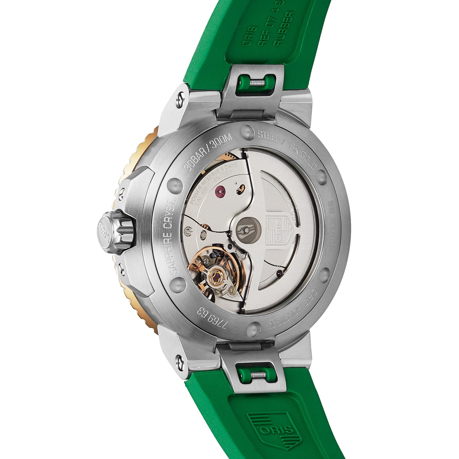 The image shows the back view of the Oris Aquis Date Calibre 400 watch with a transparent caseback displaying its automatic movement and a green rubber strap.