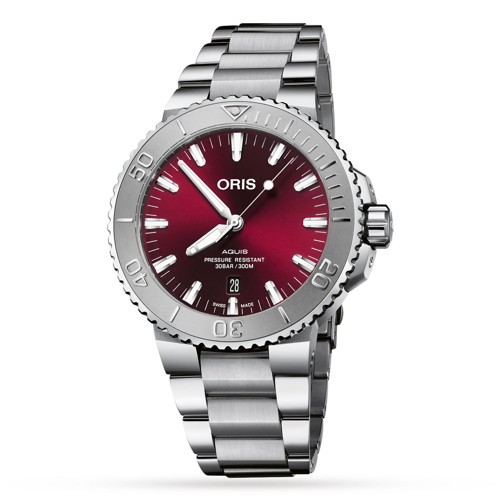 The Oris Aquis Date Relief wristwatch features a sleek dial, silver indices, rotating bezel, metal bracelet, mechanical movement, and displays the date at the 6 o’clock position.